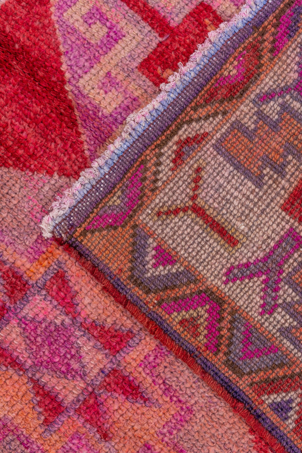 2' x 13' one-of-a-kind handmade vintage Oushak runner rug. Color palette: pink, rose, crimson, lavender, ivory, magenta