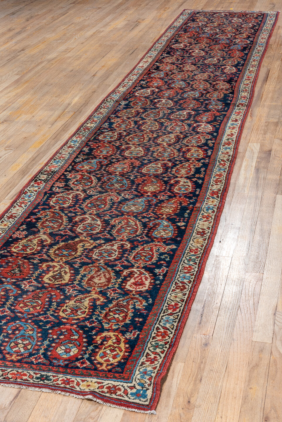 2' x 16' one-of-a-kind handmade vintage Malayer runner rug. Color palette: navy, rust, ivory, sky blue, crimson, camel, blue