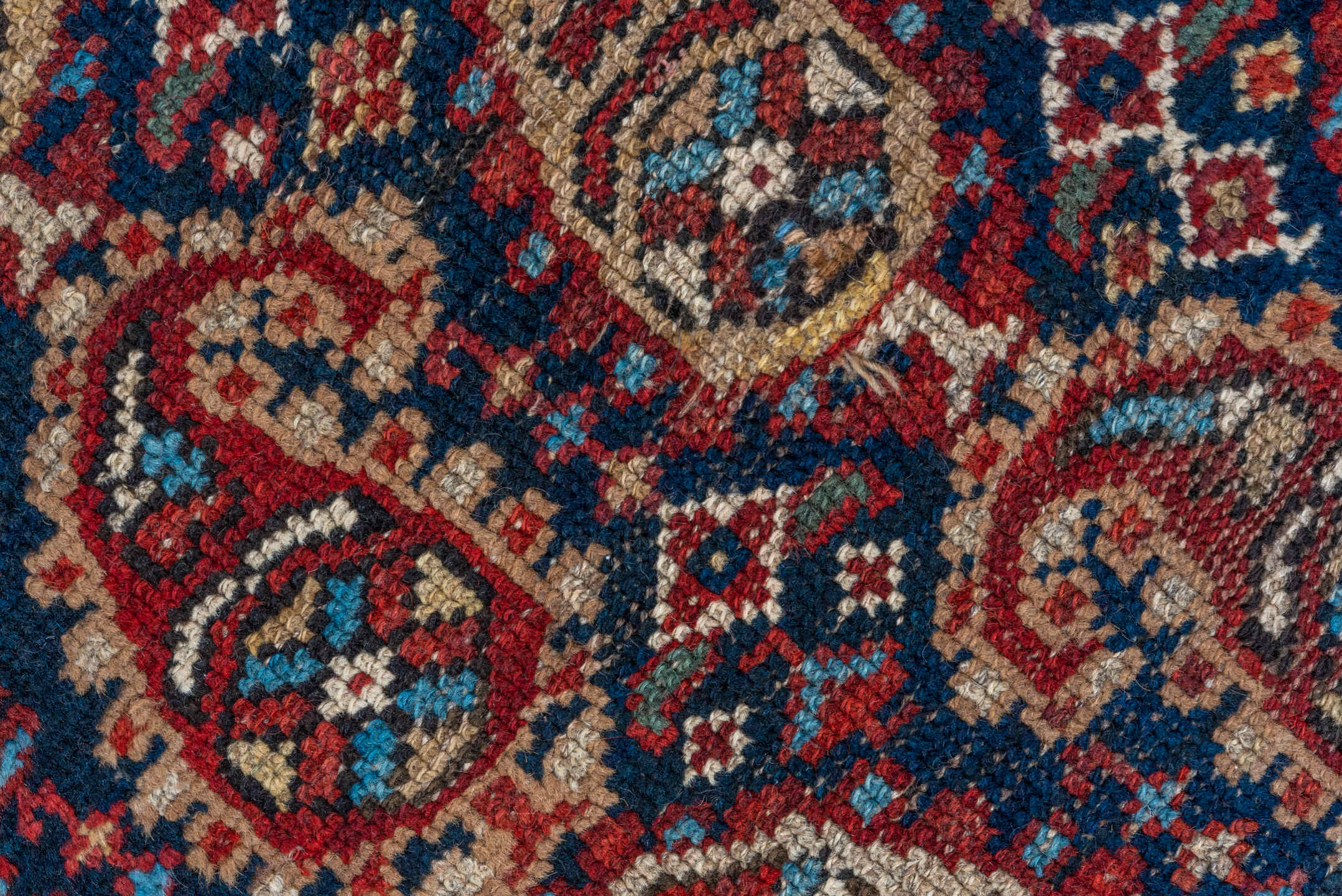 2' x 16' one-of-a-kind handmade vintage Malayer runner rug. Color palette: navy, rust, ivory, sky blue, crimson, camel, blue