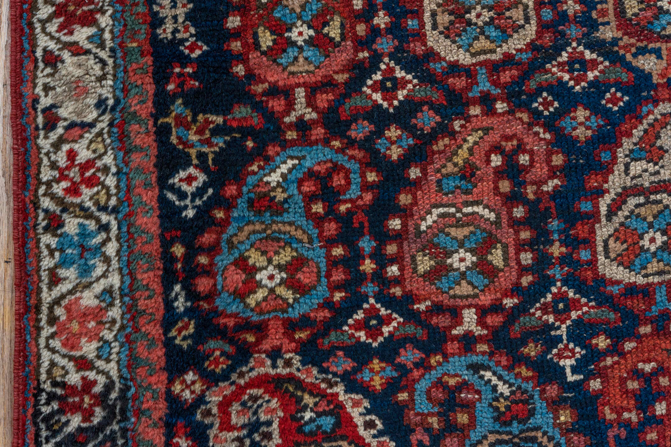 2' x 16' one-of-a-kind handmade vintage Malayer runner rug. Color palette: navy, rust, ivory, sky blue, crimson, camel, blue