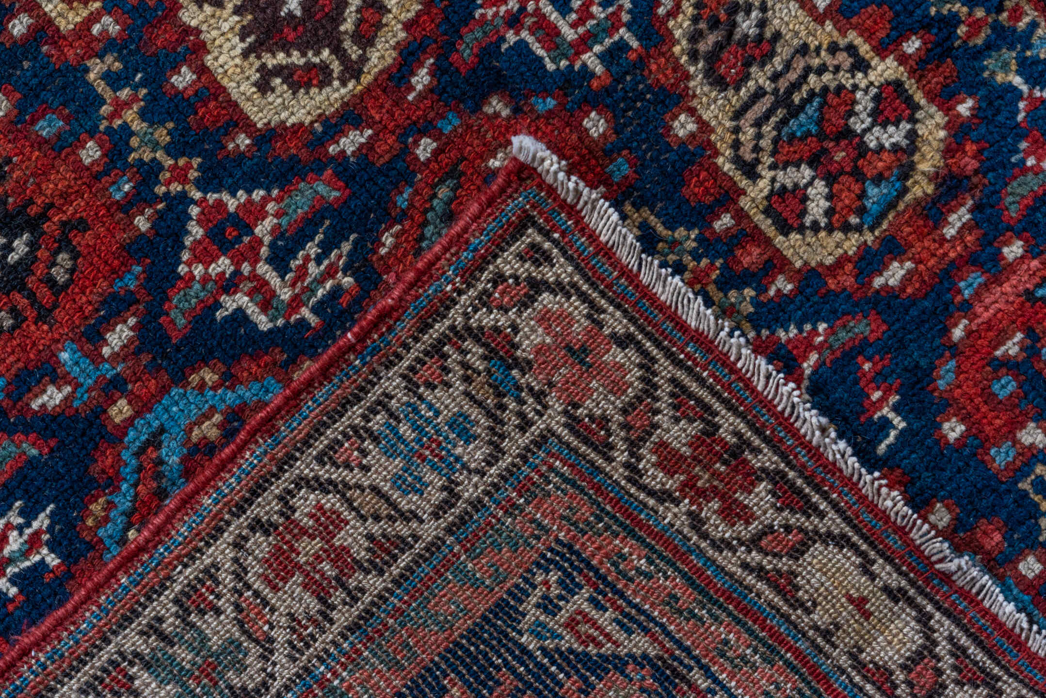 2' x 16' one-of-a-kind handmade vintage Malayer runner rug. Color palette: navy, rust, ivory, sky blue, crimson, camel, blue