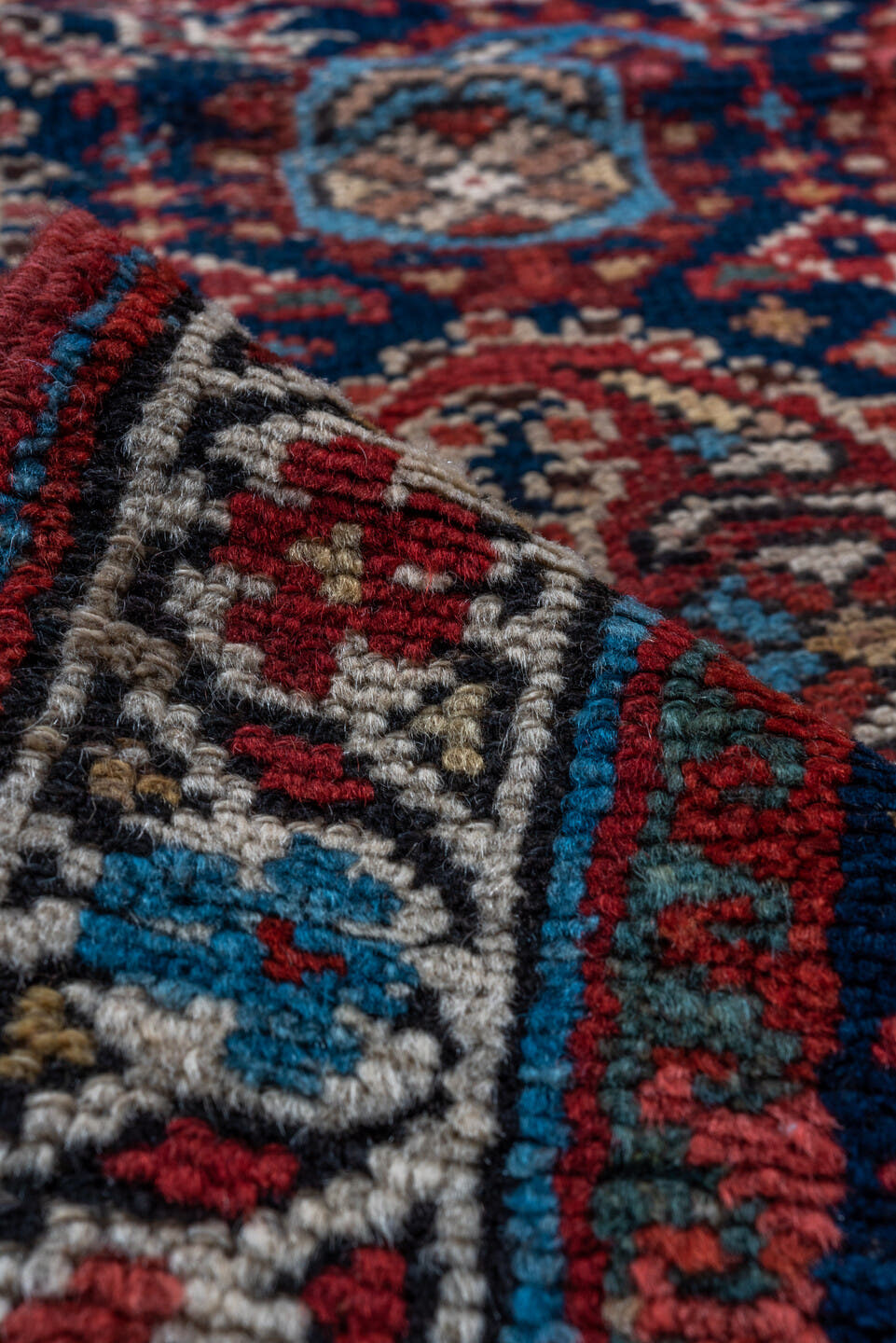 2' x 16' one-of-a-kind handmade vintage Malayer runner rug. Color palette: navy, rust, ivory, sky blue, crimson, camel, blue