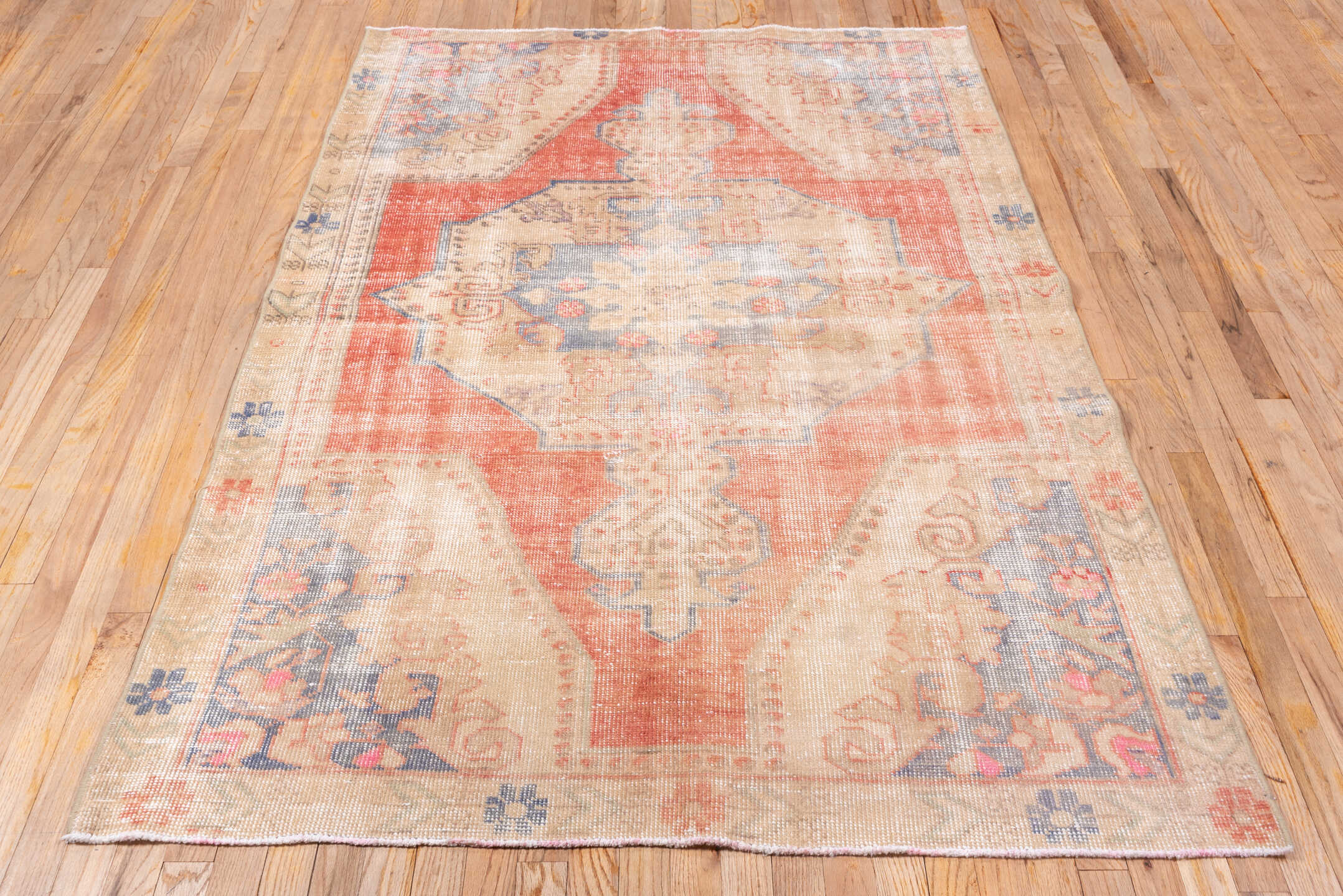 4' x 7' one-of-a-kind handmade vintage Oushak rug. Color palette: coral, ivory, beige, slate, taupe, rose, terracotta, gray