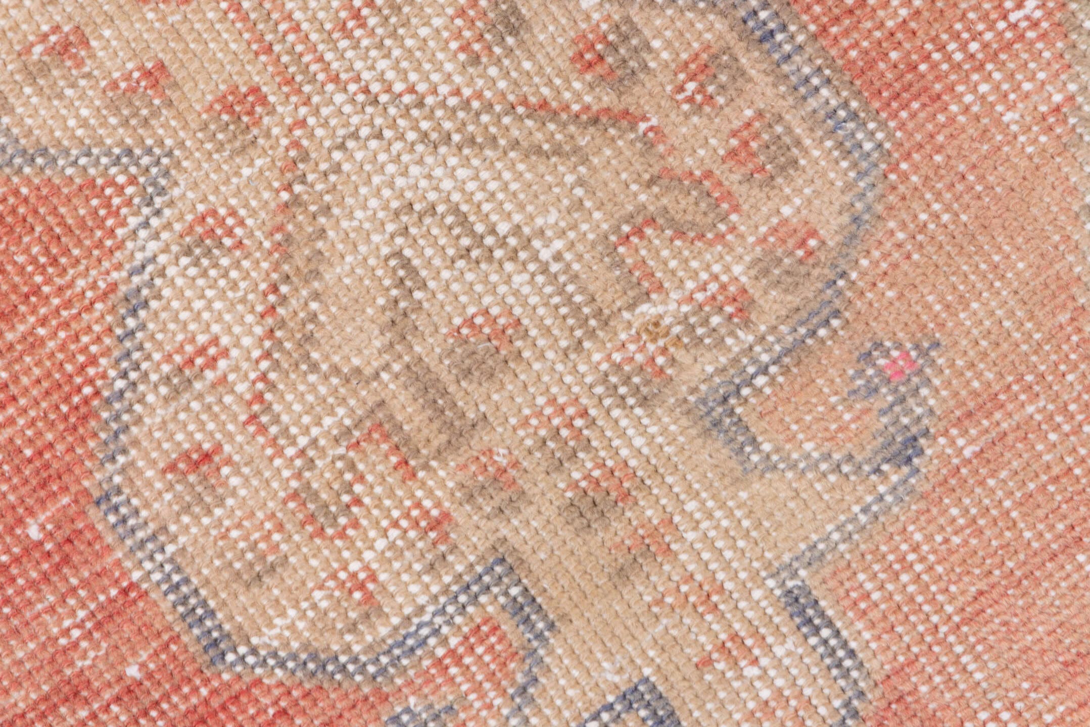 4' x 7' one-of-a-kind handmade vintage Oushak rug. Color palette: coral, ivory, beige, slate, taupe, rose, terracotta, gray