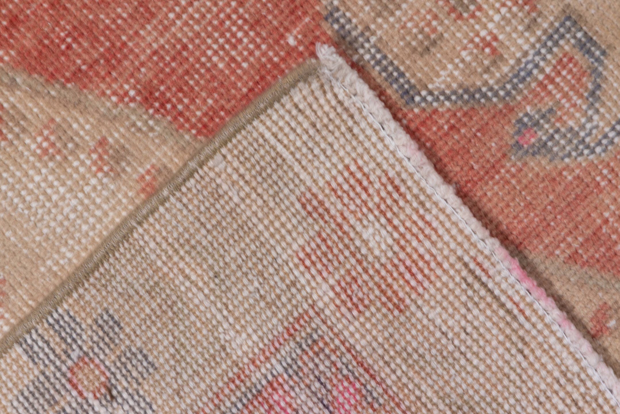 4' x 7' one-of-a-kind handmade vintage Oushak rug. Color palette: coral, ivory, beige, slate, taupe, rose, terracotta, gray