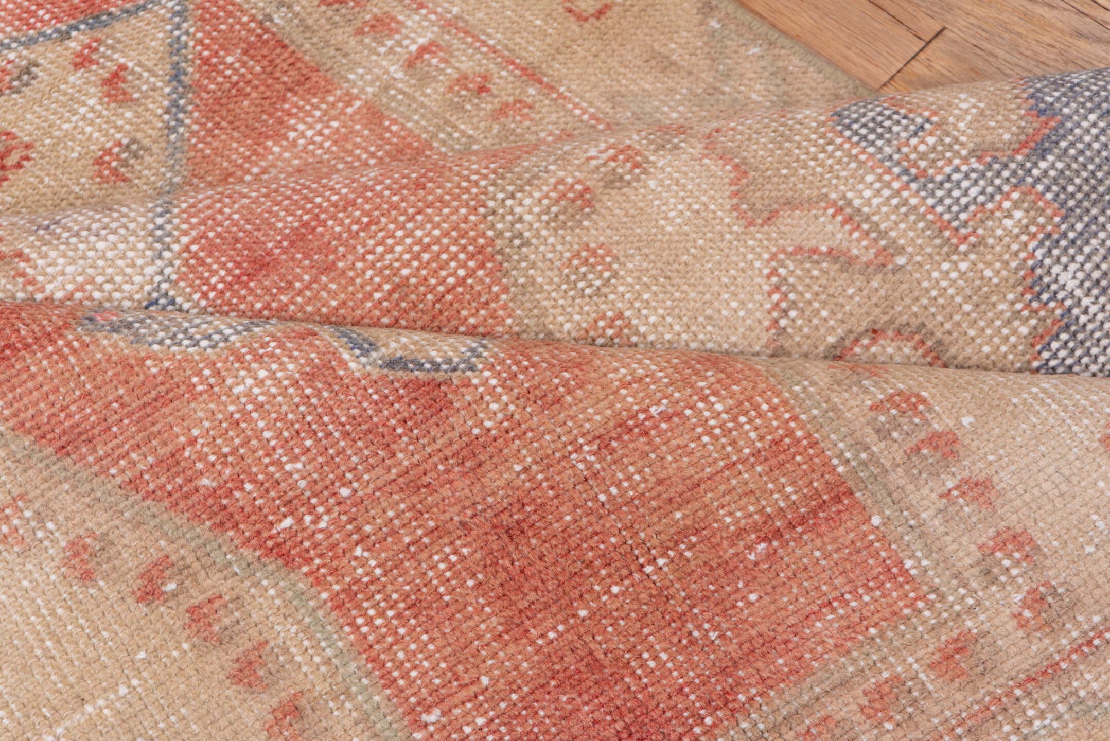 4' x 7' one-of-a-kind handmade vintage Oushak rug. Color palette: coral, ivory, beige, slate, taupe, rose, terracotta, gray