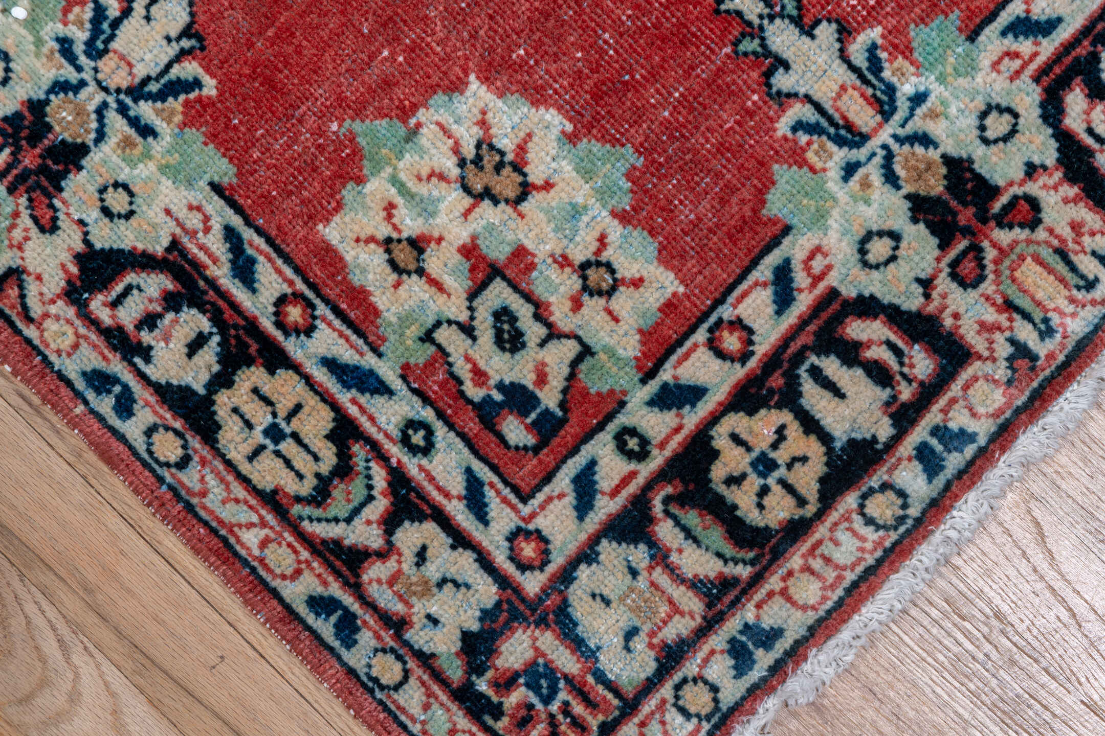 2' x 13' one-of-a-kind handmade vintage Mahal runner rug. Color palette: coral, ivory, navy, slate, rose, charcoal