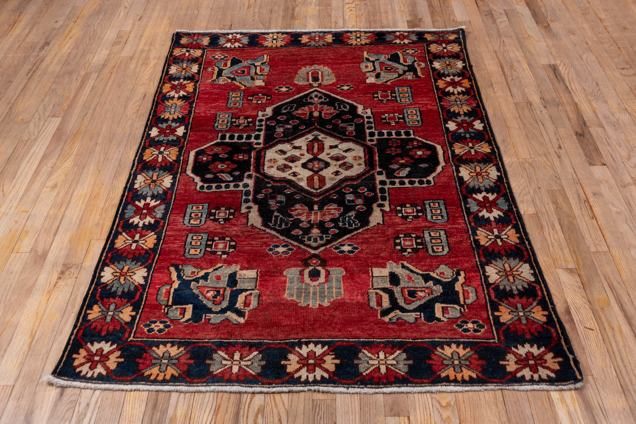4' x 6' one-of-a-kind handmade vintage Mahal small size rug. Color palette: rose, navy, ivory, slate, crimson, peach, pink