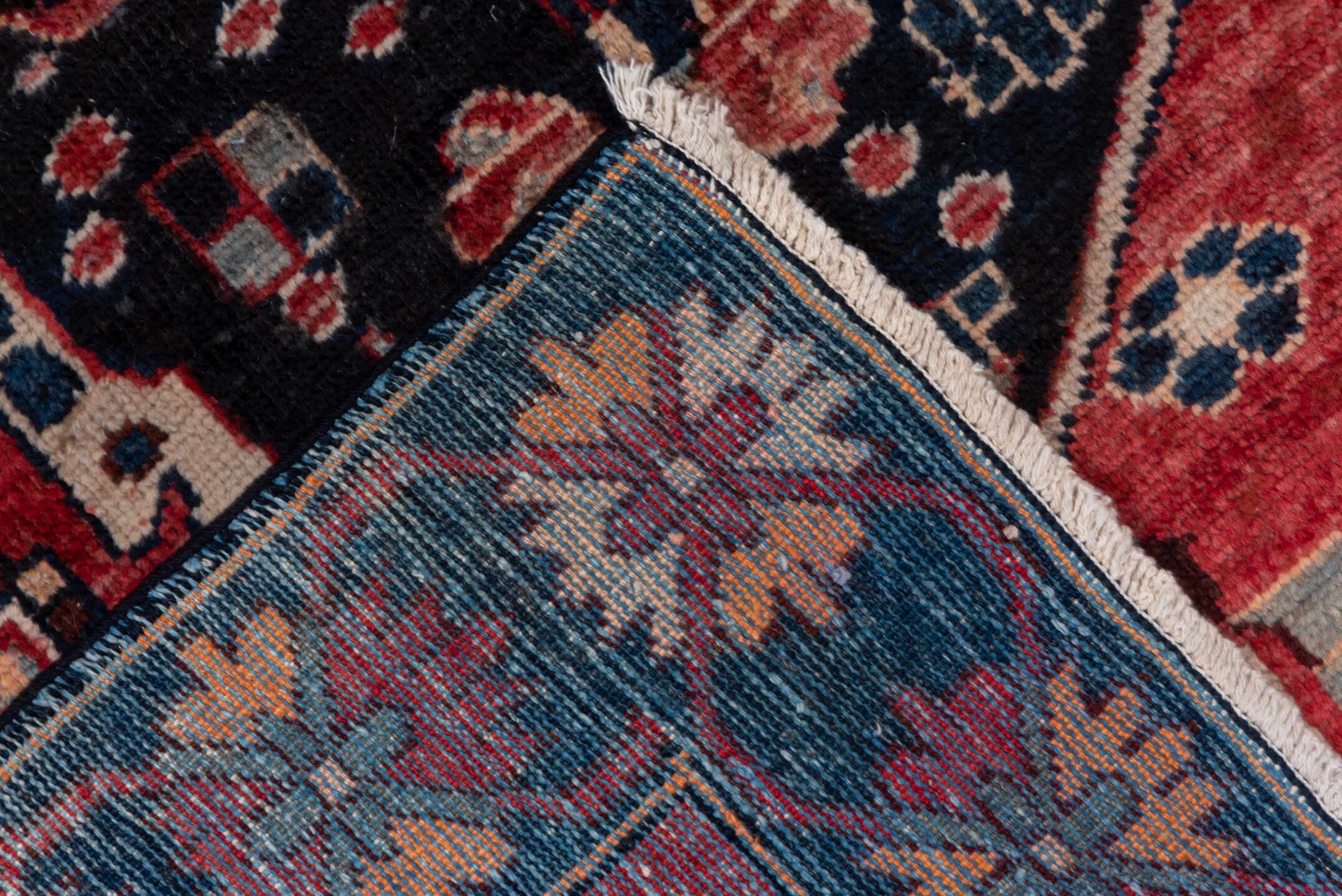 4' x 6' one-of-a-kind handmade vintage Mahal small size rug. Color palette: rose, navy, ivory, slate, crimson, peach, pink