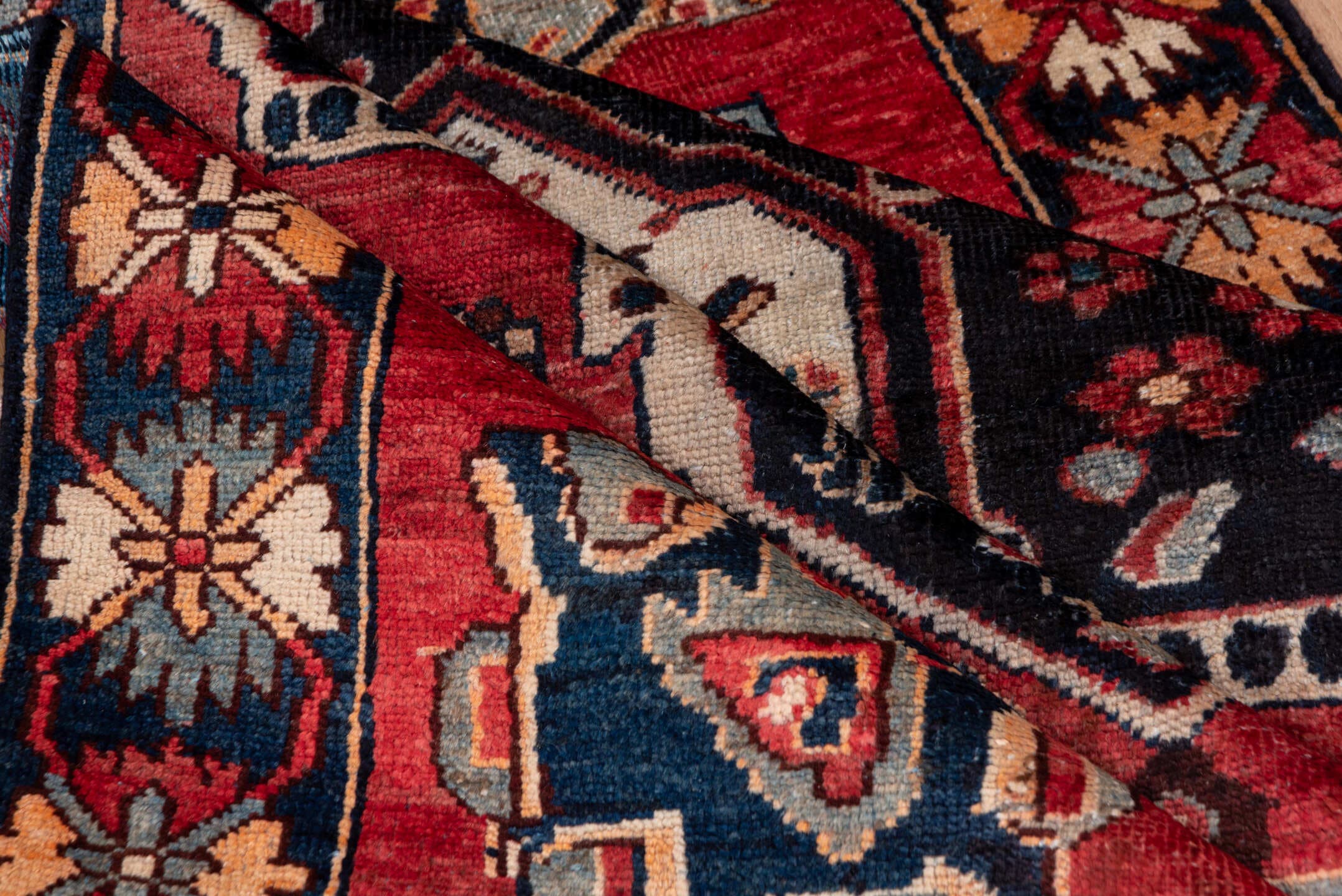 4' x 6' one-of-a-kind handmade vintage Mahal small size rug. Color palette: rose, navy, ivory, slate, crimson, peach, pink