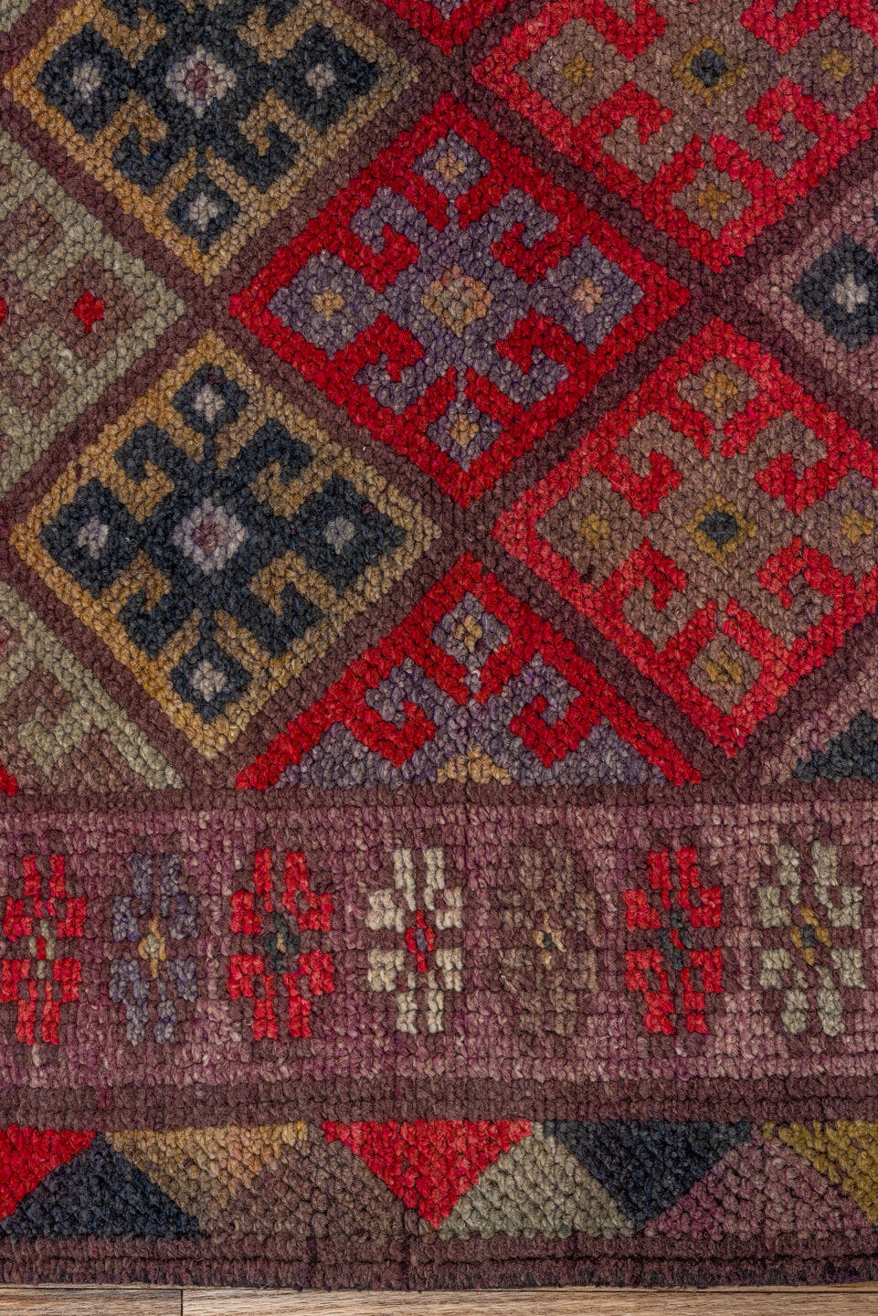 2' x 10' one-of-a-kind handmade vintage Oushak runner rug. Color palette: taupe, rust, burgundy, indigo, ivory, charcoal