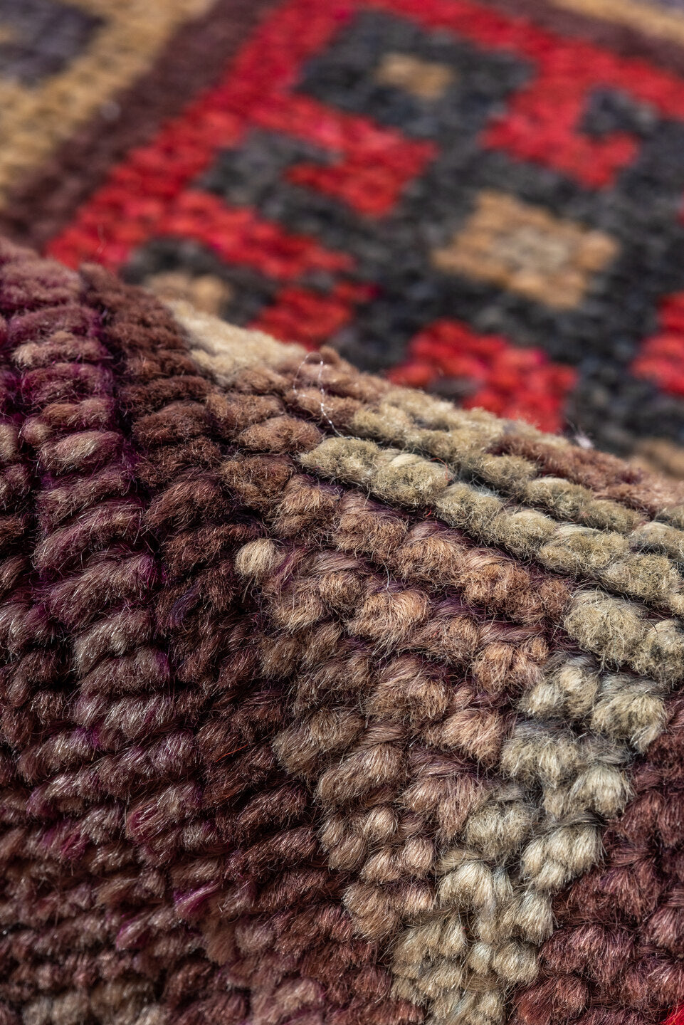 2' x 10' one-of-a-kind handmade vintage Oushak runner rug. Color palette: brown, burgundy, gray, pink, red, redwood