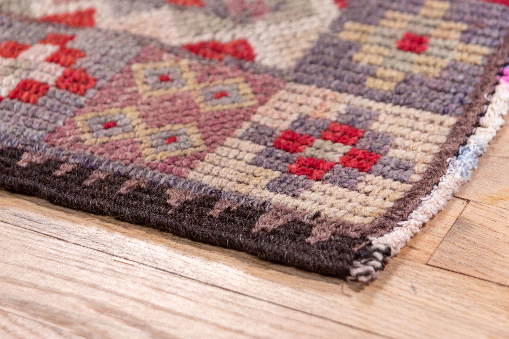 2' x 11' one-of-a-kind handmade vintage Oushak runner rug. Color palette: rose, rust, taupe, burgundy, muted blue, ivory