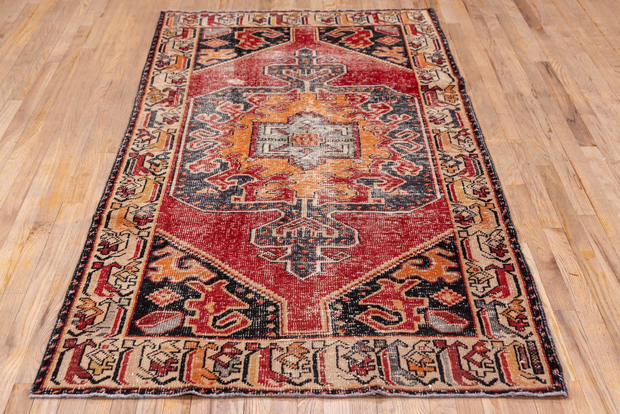 3' x 8' one-of-a-kind handmade vintage Oushak runner rug. Color palette: red, ivory, charcoal, peach, gold, rust, gray