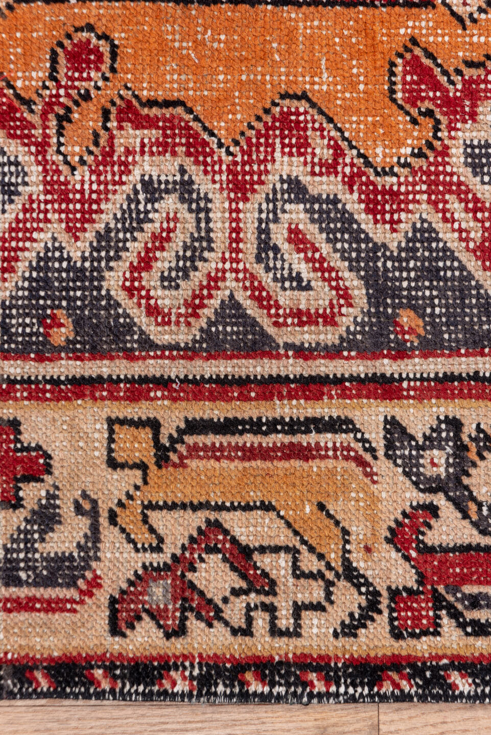 3' x 8' one-of-a-kind handmade vintage Oushak runner rug. Color palette: red, ivory, charcoal, peach, gold, rust, gray