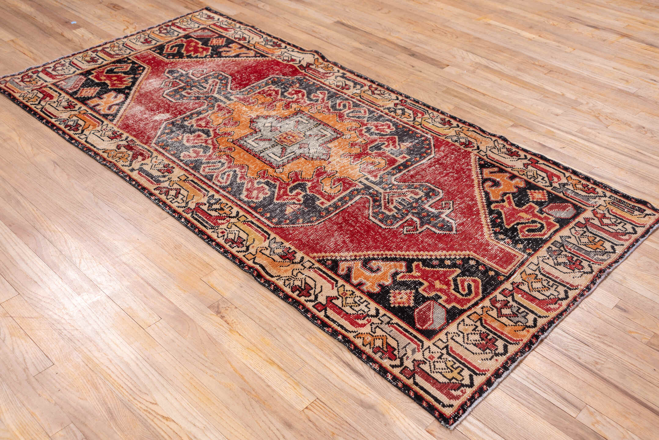 3' x 8' one-of-a-kind handmade vintage Oushak runner rug. Color palette: red, ivory, charcoal, peach, gold, rust, gray