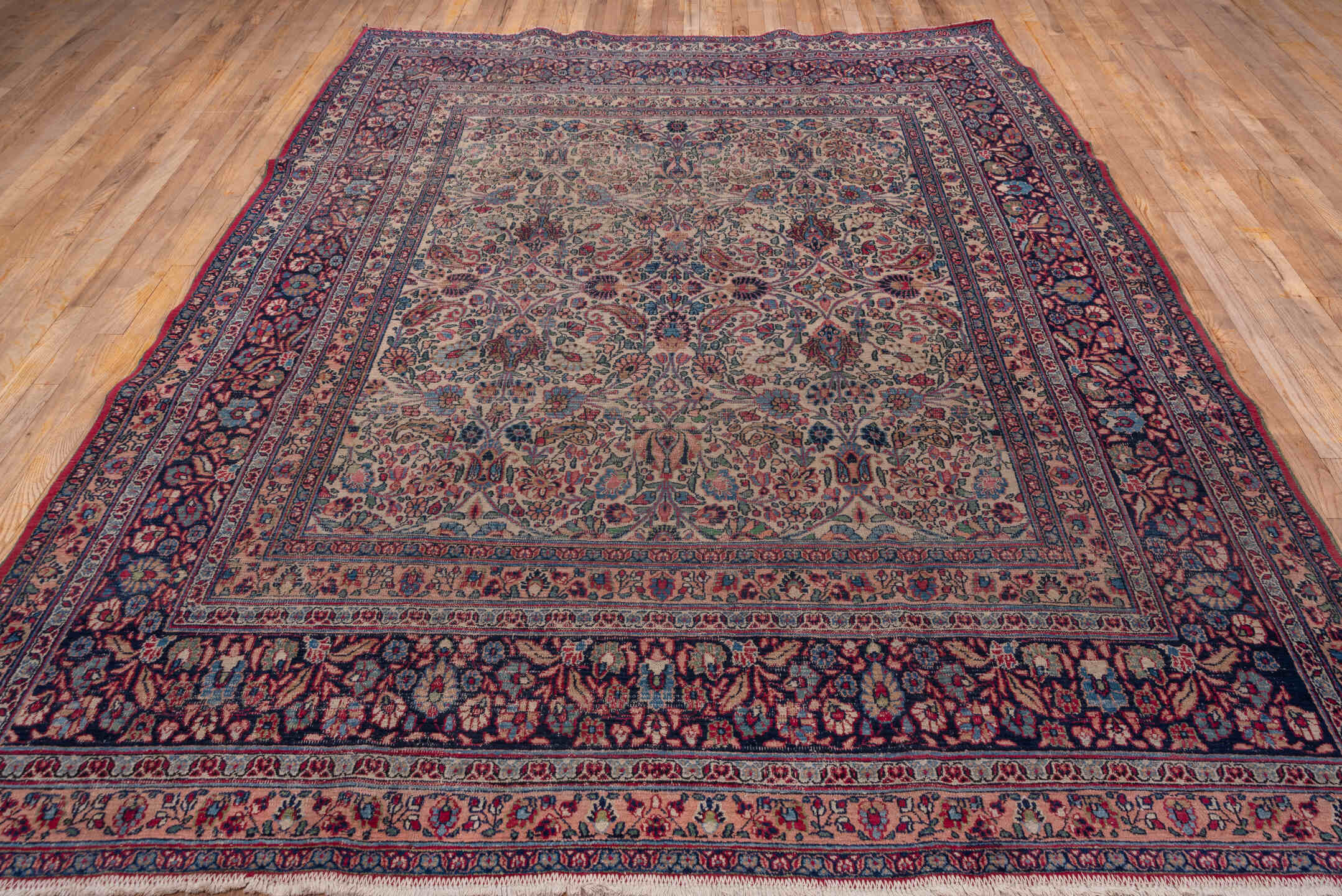7' x 10' one-of-a-kind handmade vintage Khorassan large size rug. Color palette: black, blue, brown, charcoal, gray, pink