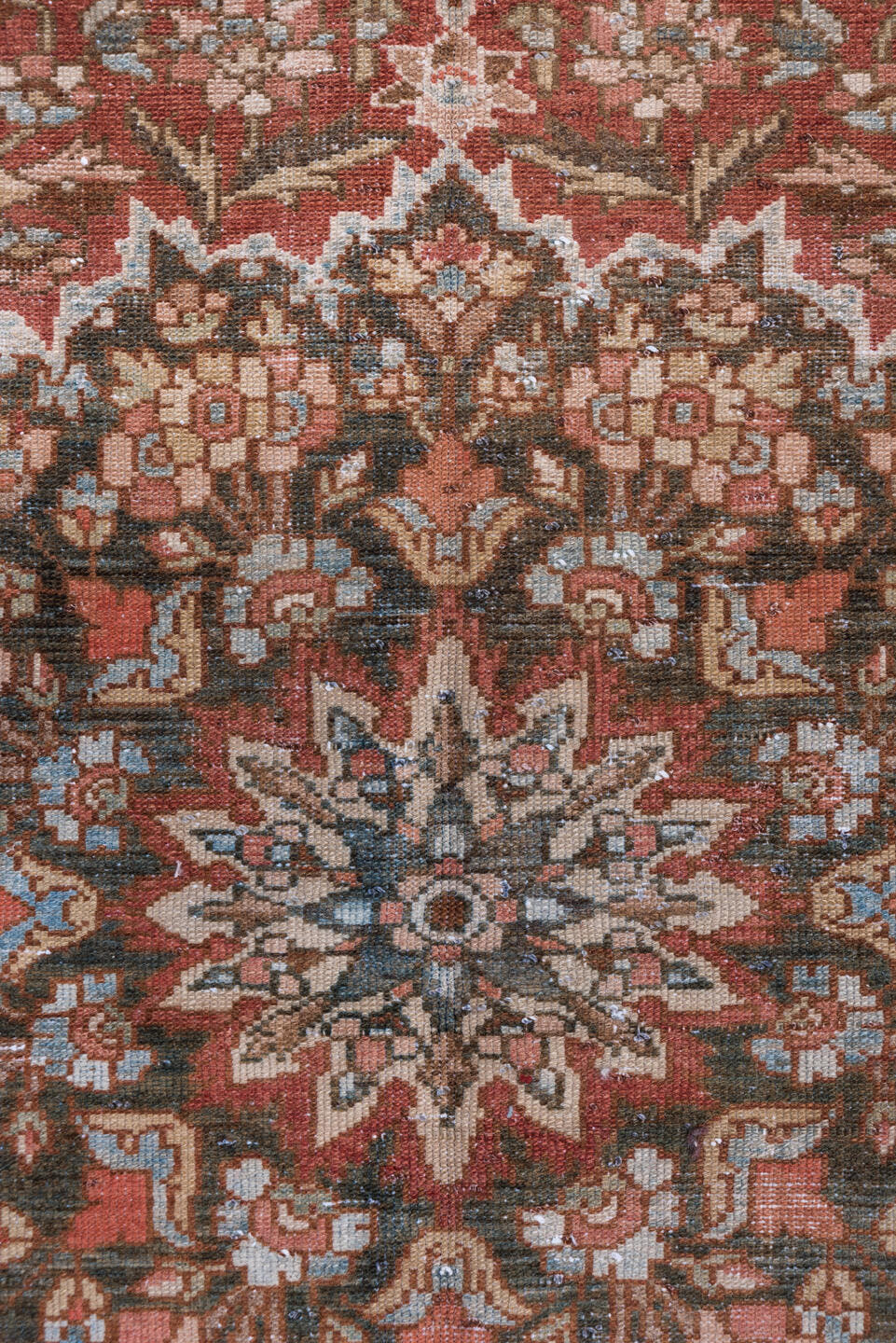 4' x 6' one-of-a-kind handmade vintage Baktiary small size rug. Color palette: rust, taupe, ivory, sky blue, brown, rose