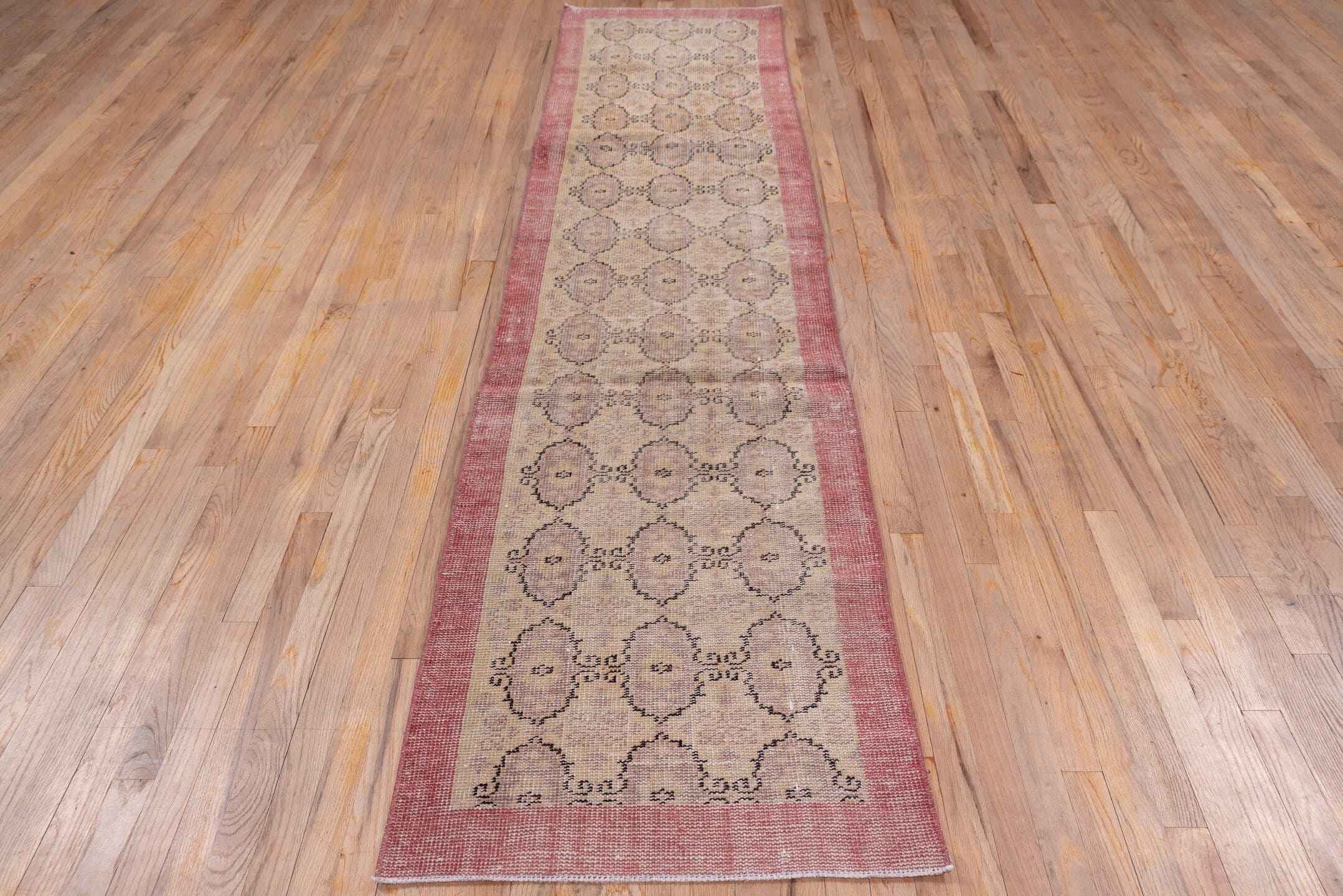 2' x 10' one-of-a-kind handmade vintage Oushak runner rug. Color palette: rose, beige, taupe, dusty mauve, brown, pink, red