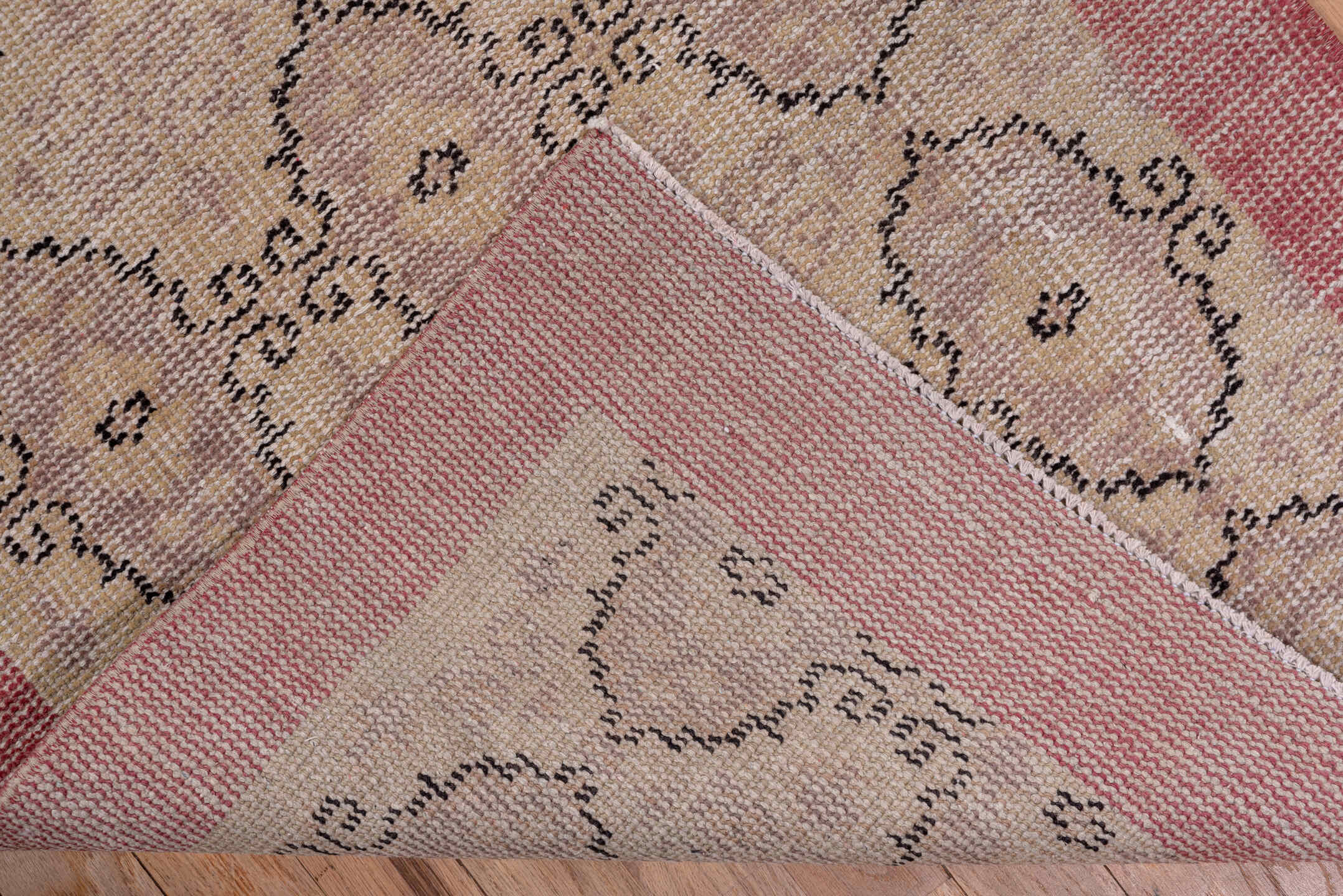2' x 10' one-of-a-kind handmade vintage Oushak runner rug. Color palette: rose, beige, taupe, dusty mauve, brown, pink, red