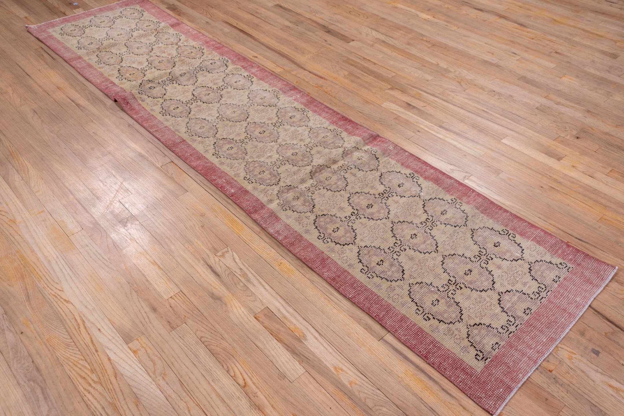 2' x 10' one-of-a-kind handmade vintage Oushak runner rug. Color palette: rose, beige, taupe, dusty mauve, brown, pink, red