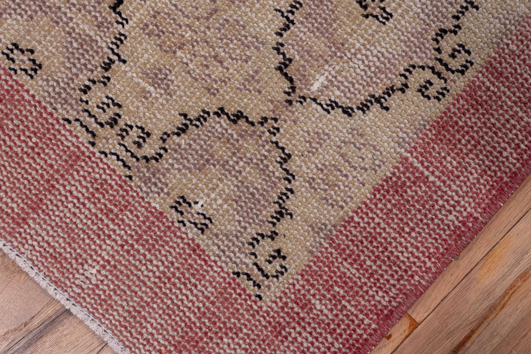 2' x 10' one-of-a-kind handmade vintage Oushak runner rug. Color palette: brown, gray, light gray, off-white, pink, red