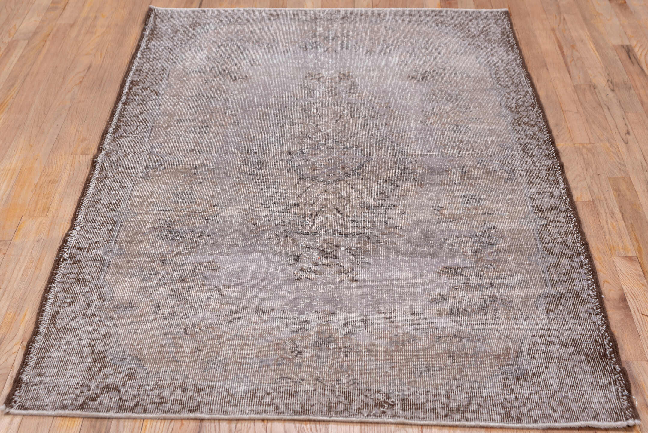 4' x 6' one-of-a-kind handmade vintage Oushak rug. Color palette: taupe, brown, ivory, charcoal, beige, gray, black