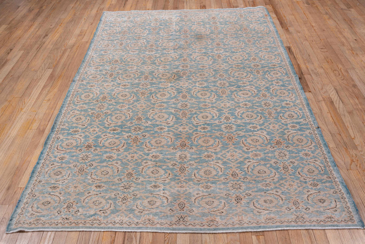 5' x 9' one-of-a-kind handmade antique Oushak medium size rug. Color palette: pale blue, ivory, taupe, beige, soft gray