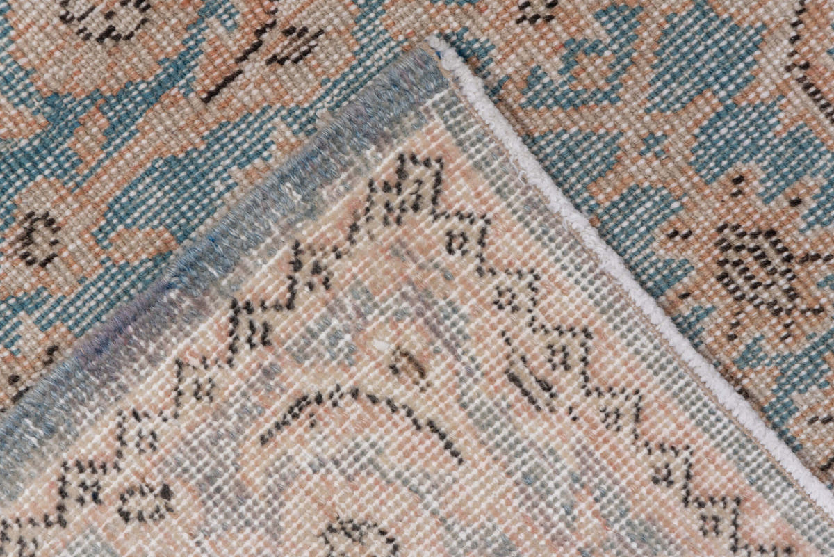 5' x 9' one-of-a-kind handmade antique Oushak medium size rug. Color palette: pale blue, ivory, taupe, beige, soft gray