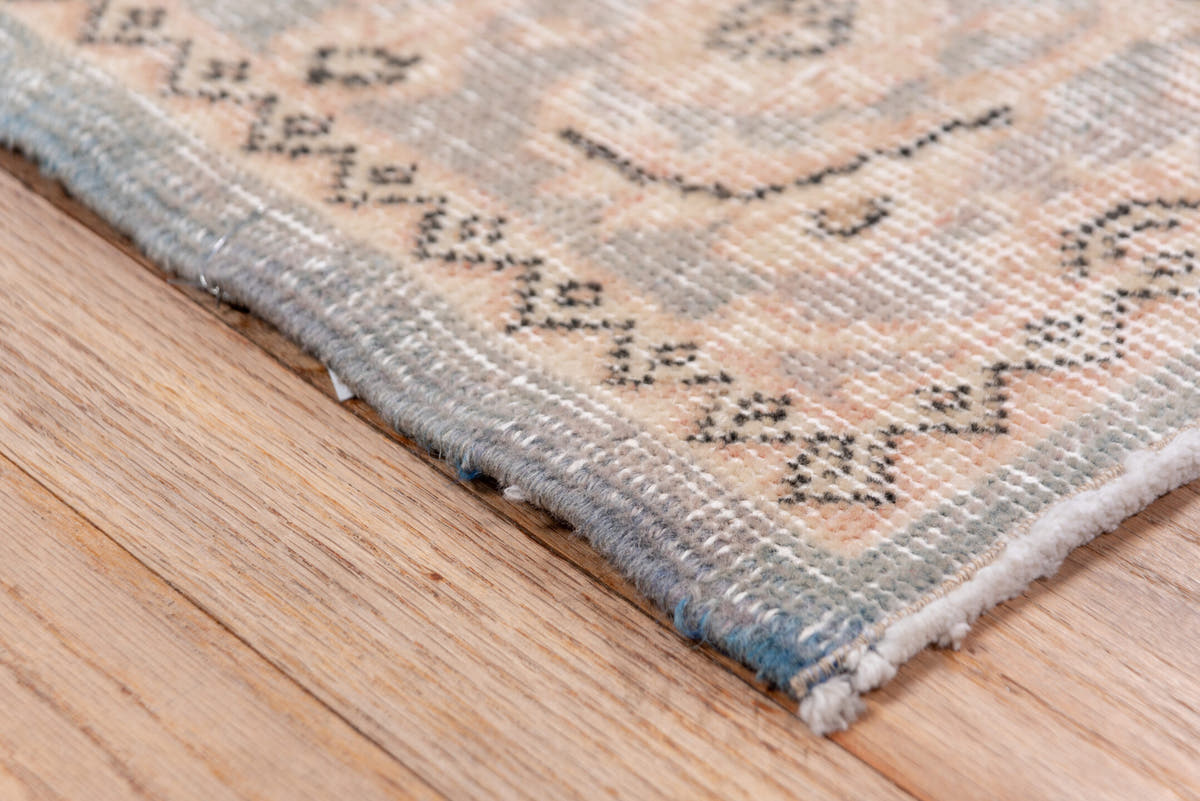 5' x 9' one-of-a-kind handmade antique Oushak medium size rug. Color palette: pale blue, ivory, taupe, beige, soft gray