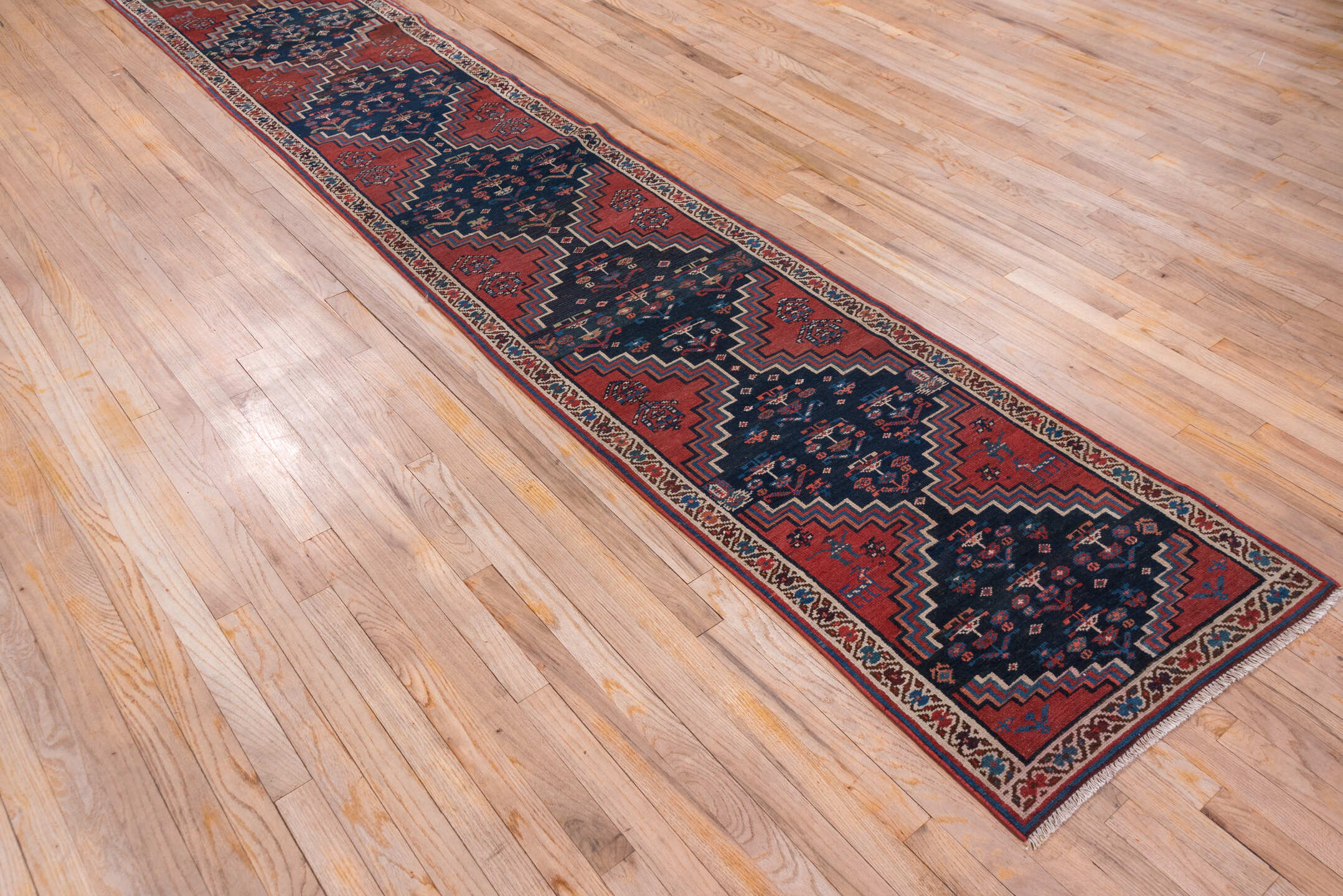 2' x 12' one-of-a-kind handmade vintage Malayer runner rug. Color palette: black, blue, brown, dim gray, fiord, gray, pink
