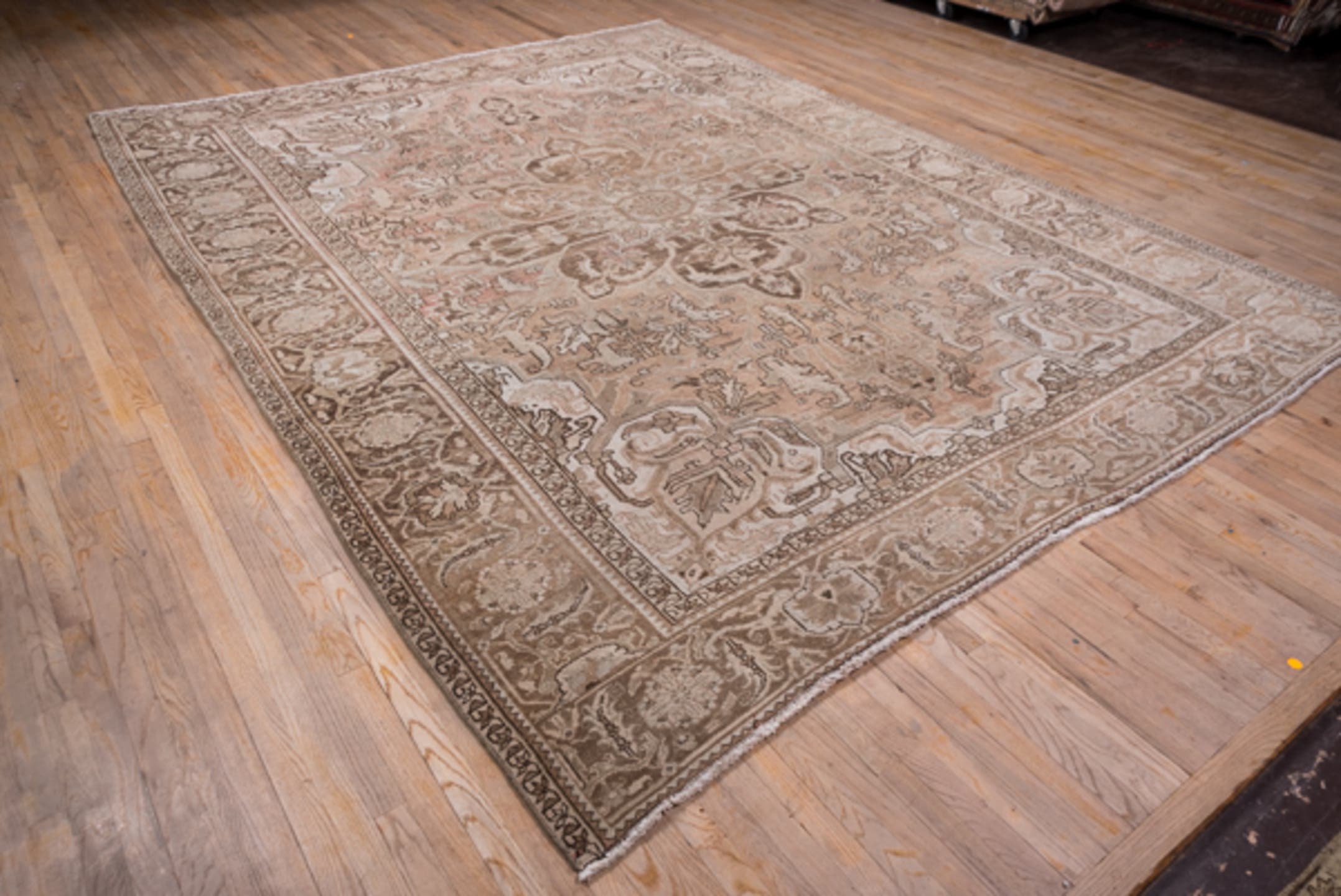 9' x 12' one-of-a-kind handmade vintage Heriz large size rug. Color palette: taupe, blush, brown, ivory, beige, gray, pink
