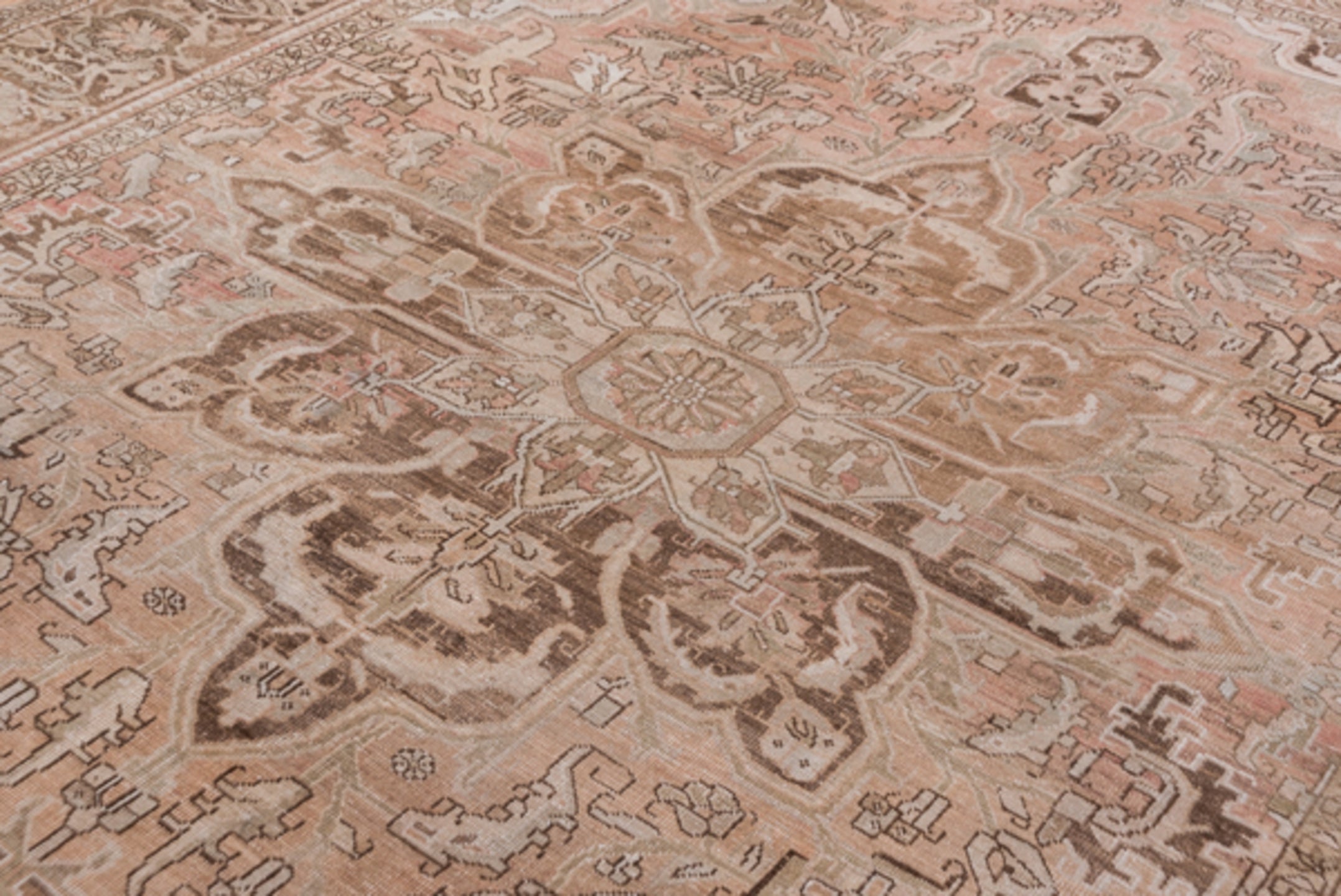 9' x 12' one-of-a-kind handmade vintage Heriz large size rug. Color palette: brown, gray, light gray, pink, silver