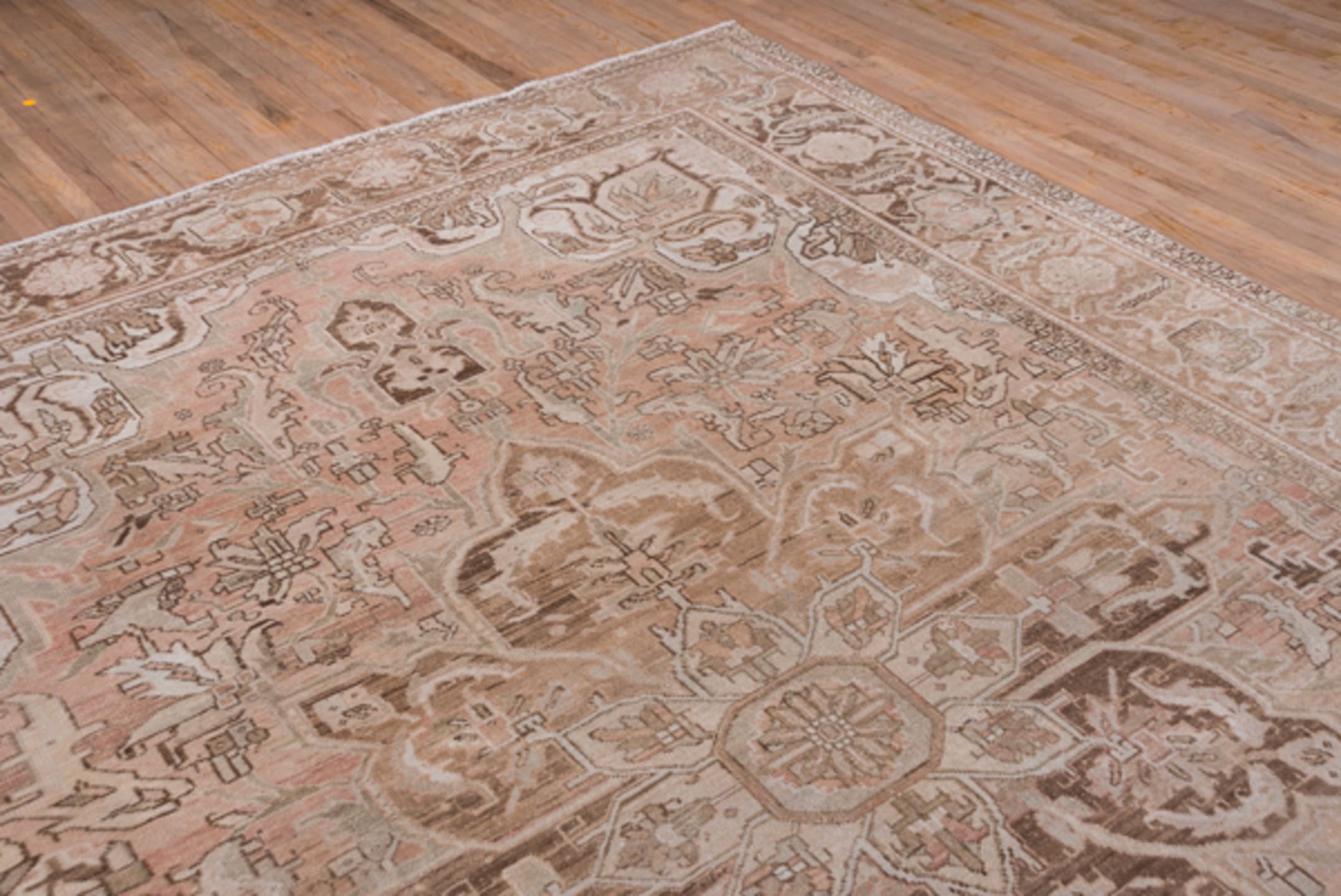 9' x 12' one-of-a-kind handmade vintage Heriz large size rug. Color palette: taupe, blush, brown, ivory, beige, gray, pink