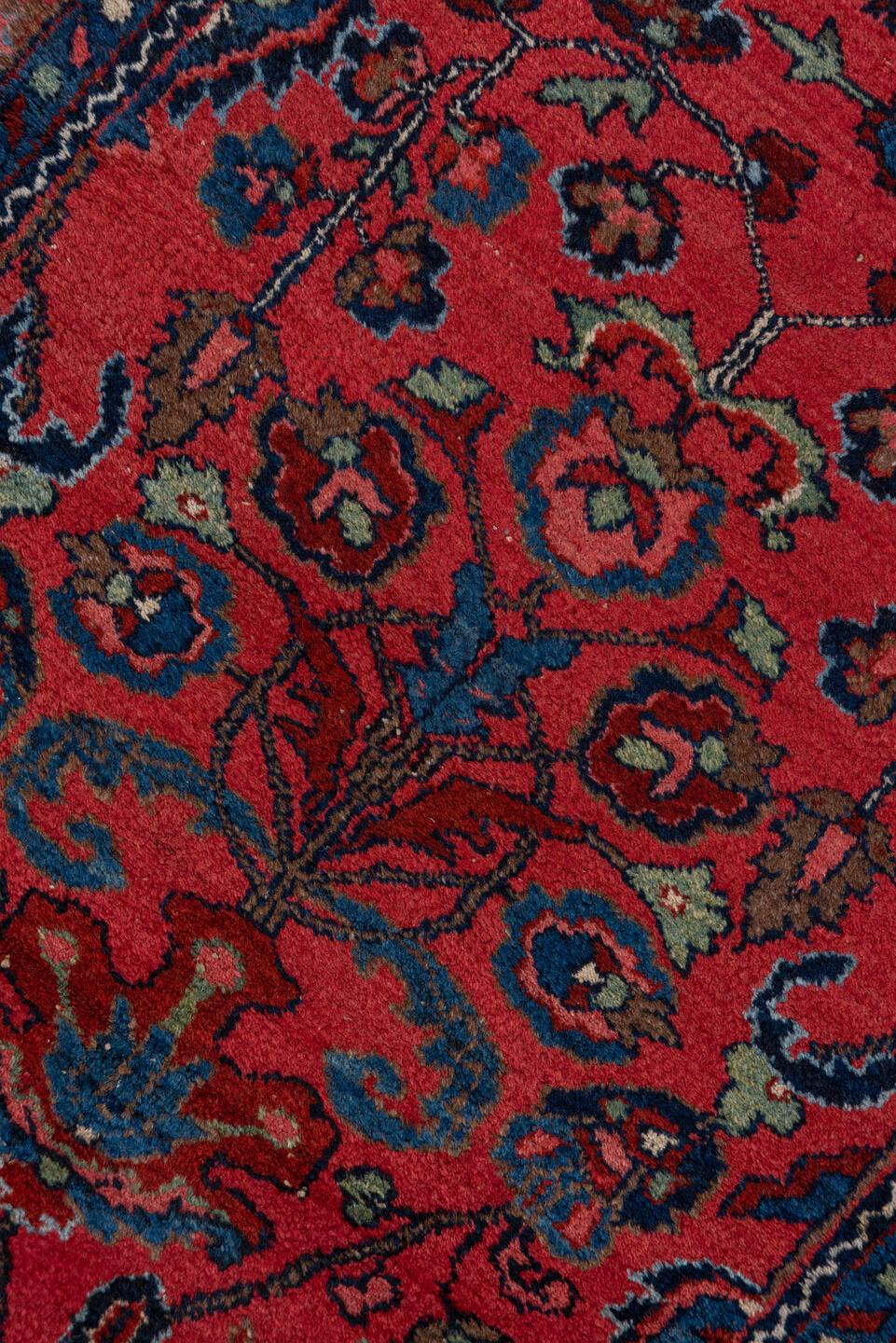 3' x 16' one-of-a-kind handmade vintage Lilian runner rug. Color palette: rust, navy, indigo, rose, ivory, charcoal
