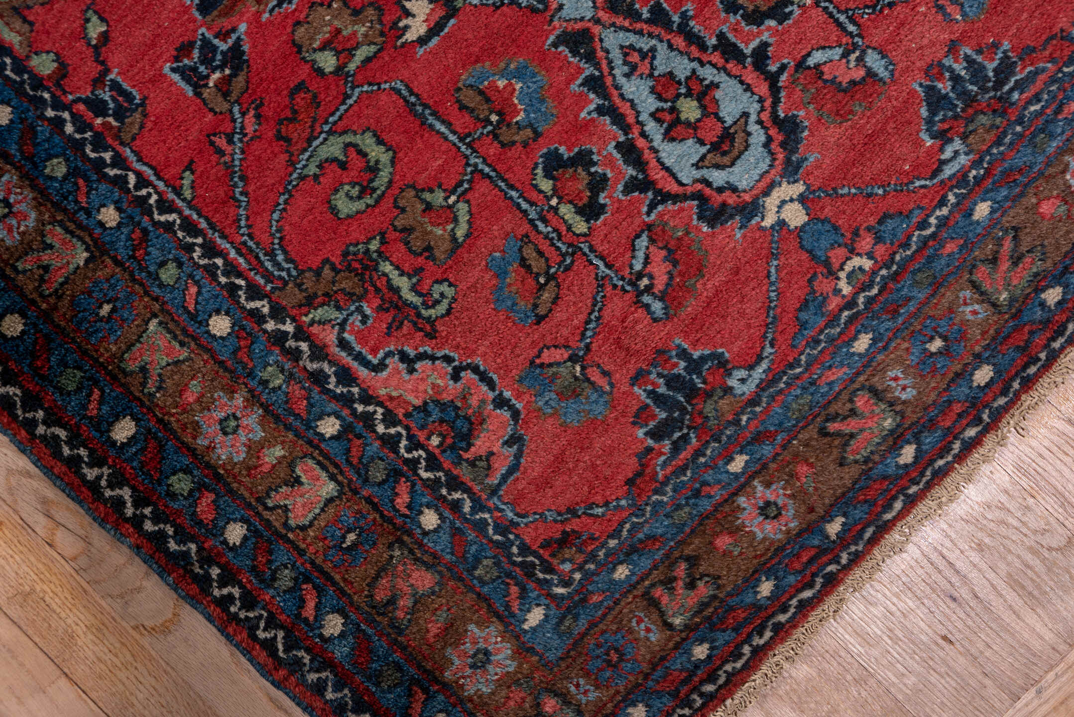 3' x 16' one-of-a-kind handmade vintage Lilian runner rug. Color palette: rust, navy, indigo, rose, ivory, charcoal