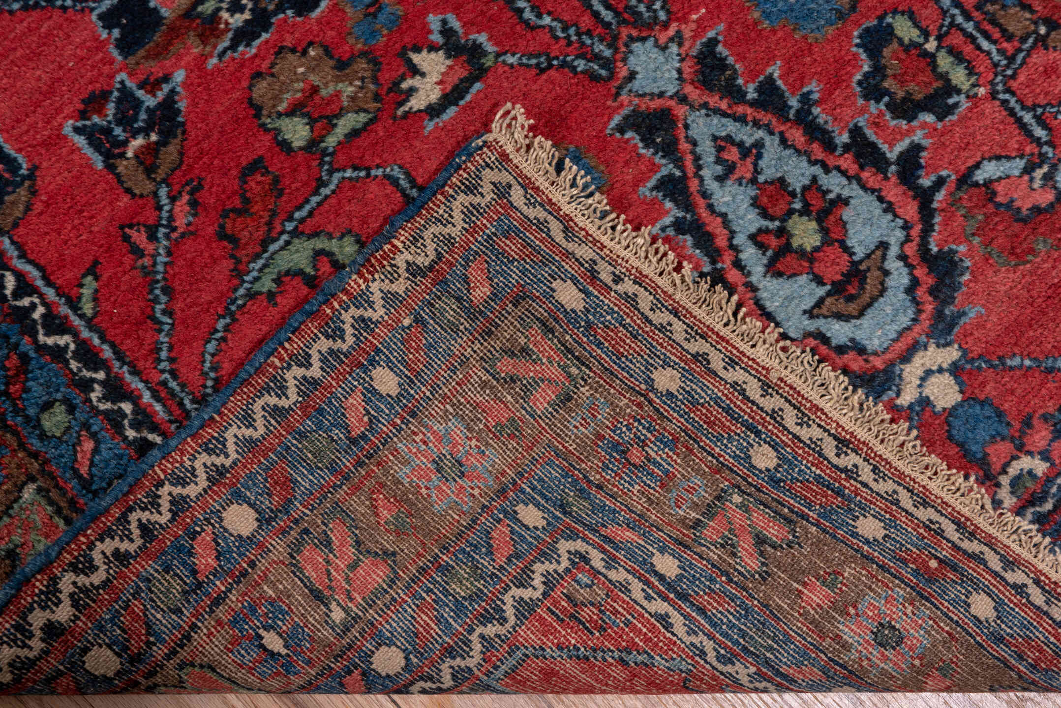 3' x 16' one-of-a-kind handmade vintage Lilian runner rug. Color palette: rust, navy, indigo, rose, ivory, charcoal