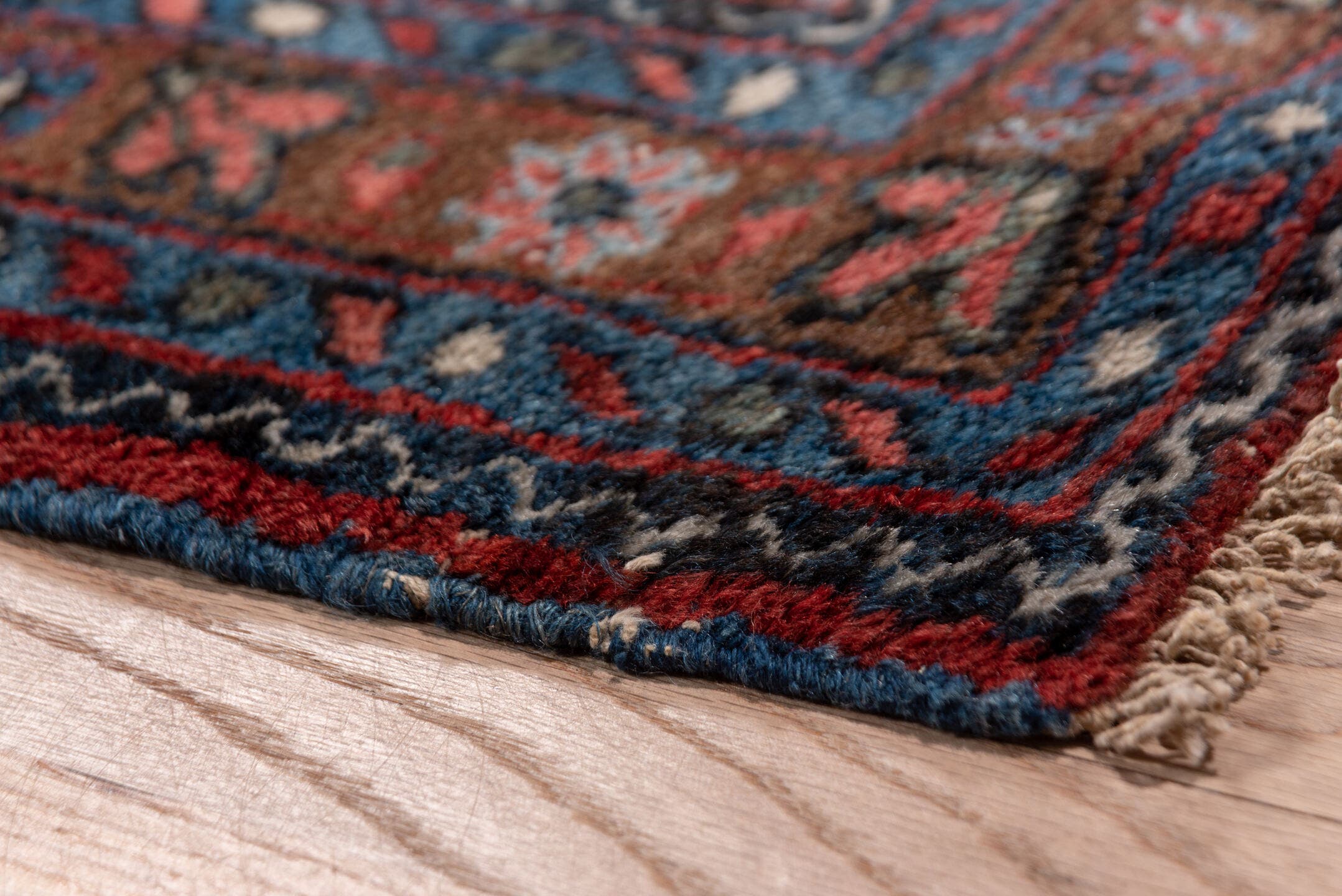 3' x 16' one-of-a-kind handmade vintage Lilian runner rug. Color palette: rust, navy, indigo, rose, ivory, charcoal