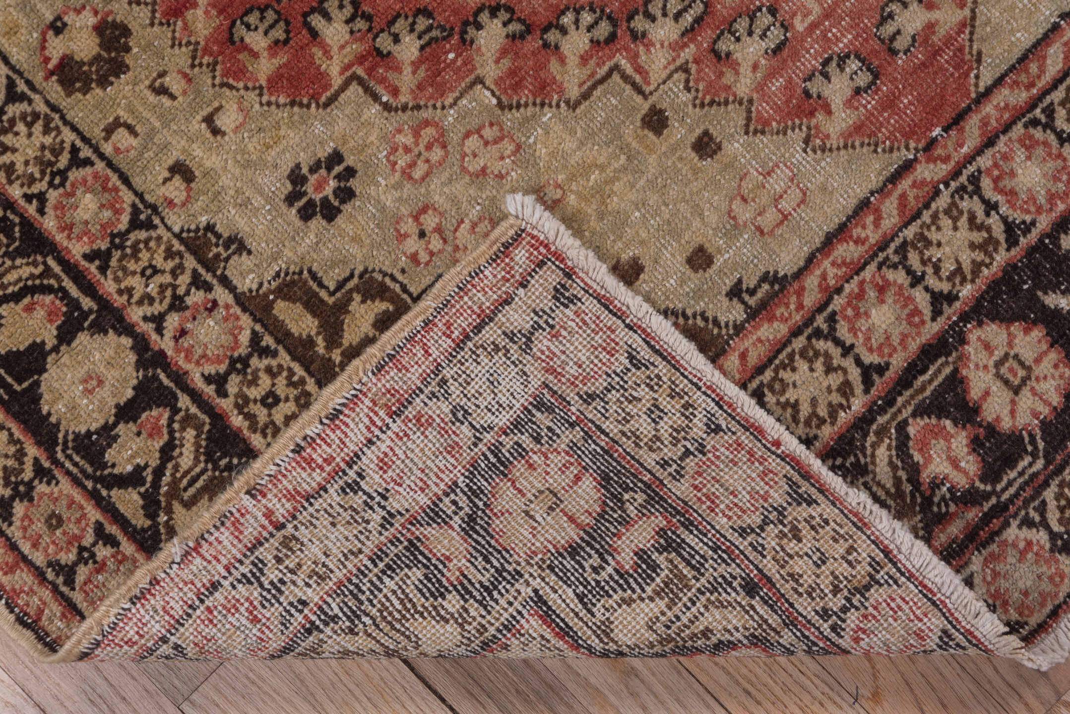 4' x 5' one-of-a-kind handmade vintage Oushak small size rug. Color palette: ivory, terracotta, brown, rose, charcoal, taupe