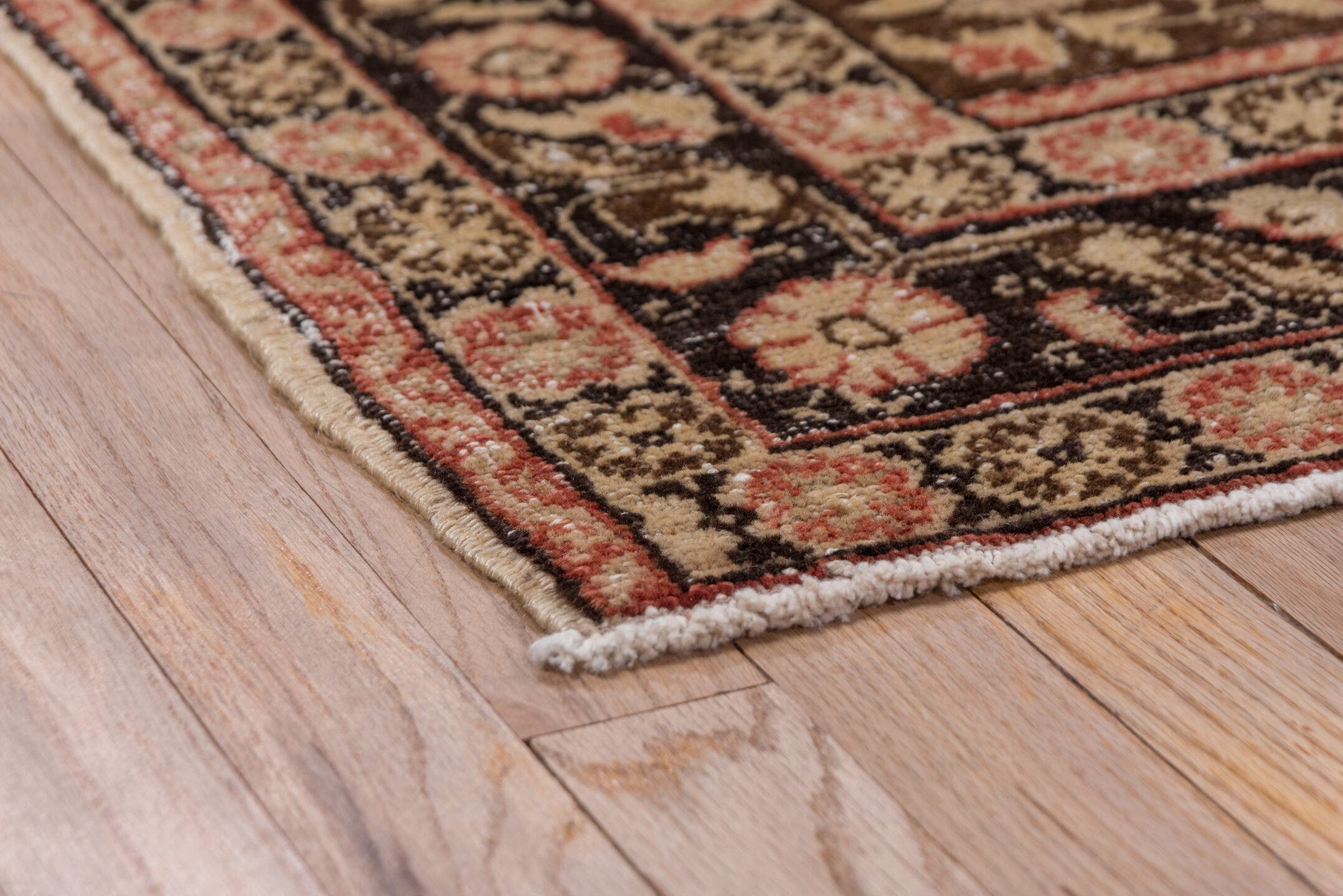 4' x 5' one-of-a-kind handmade vintage Oushak small size rug. Color palette: ivory, terracotta, brown, rose, charcoal, taupe