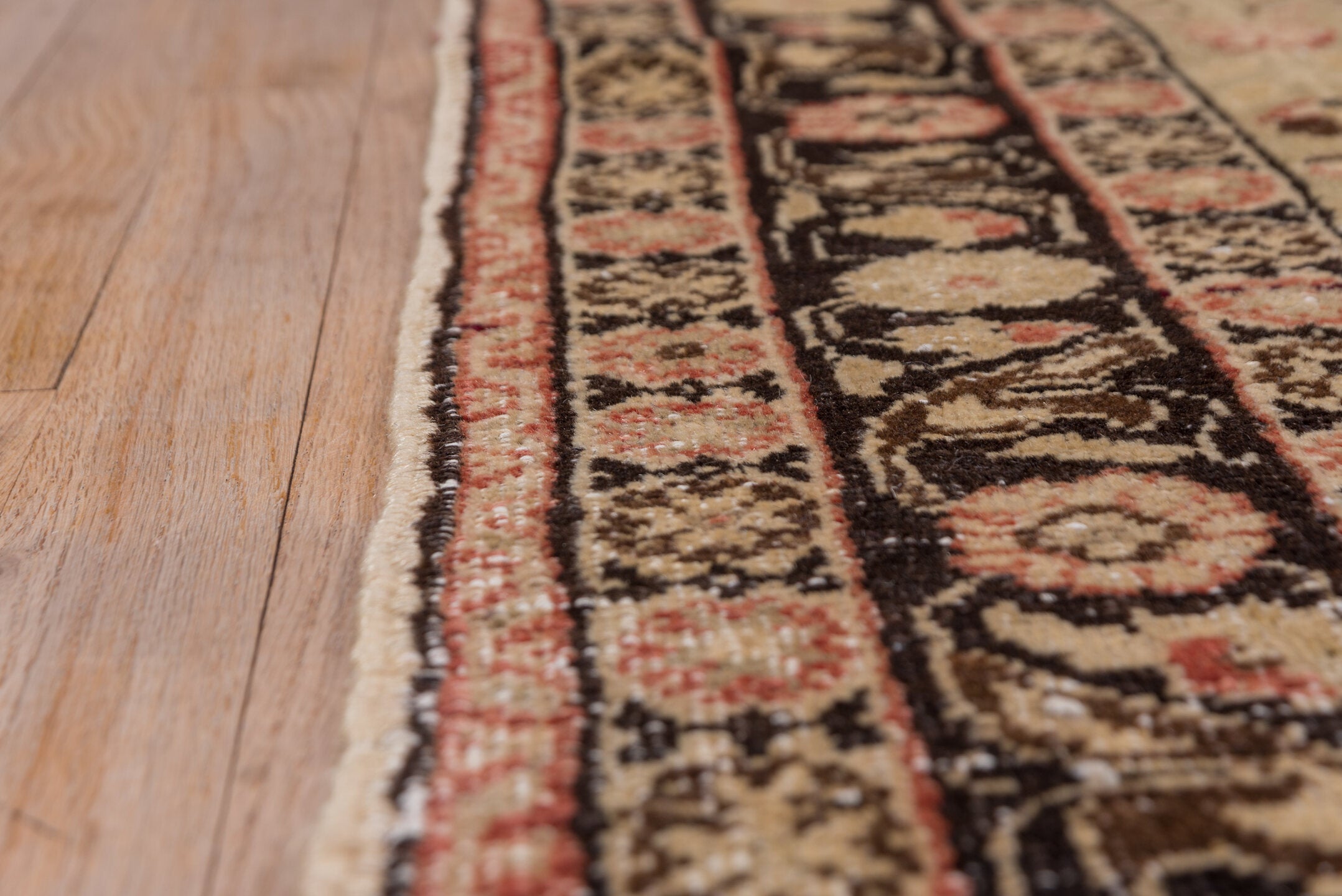 4' x 5' one-of-a-kind handmade vintage Oushak small size rug. Color palette: ivory, terracotta, brown, rose, charcoal, taupe