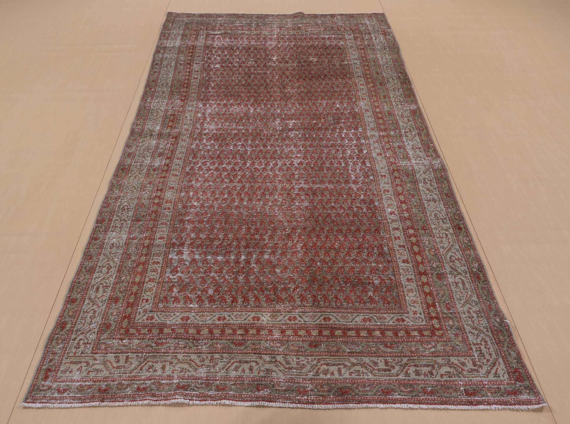 4' x 9' one-of-a-kind handmade vintage Malayer runner rug. Color palette: rust, ivory, taupe, sage, terra cotta, terracotta