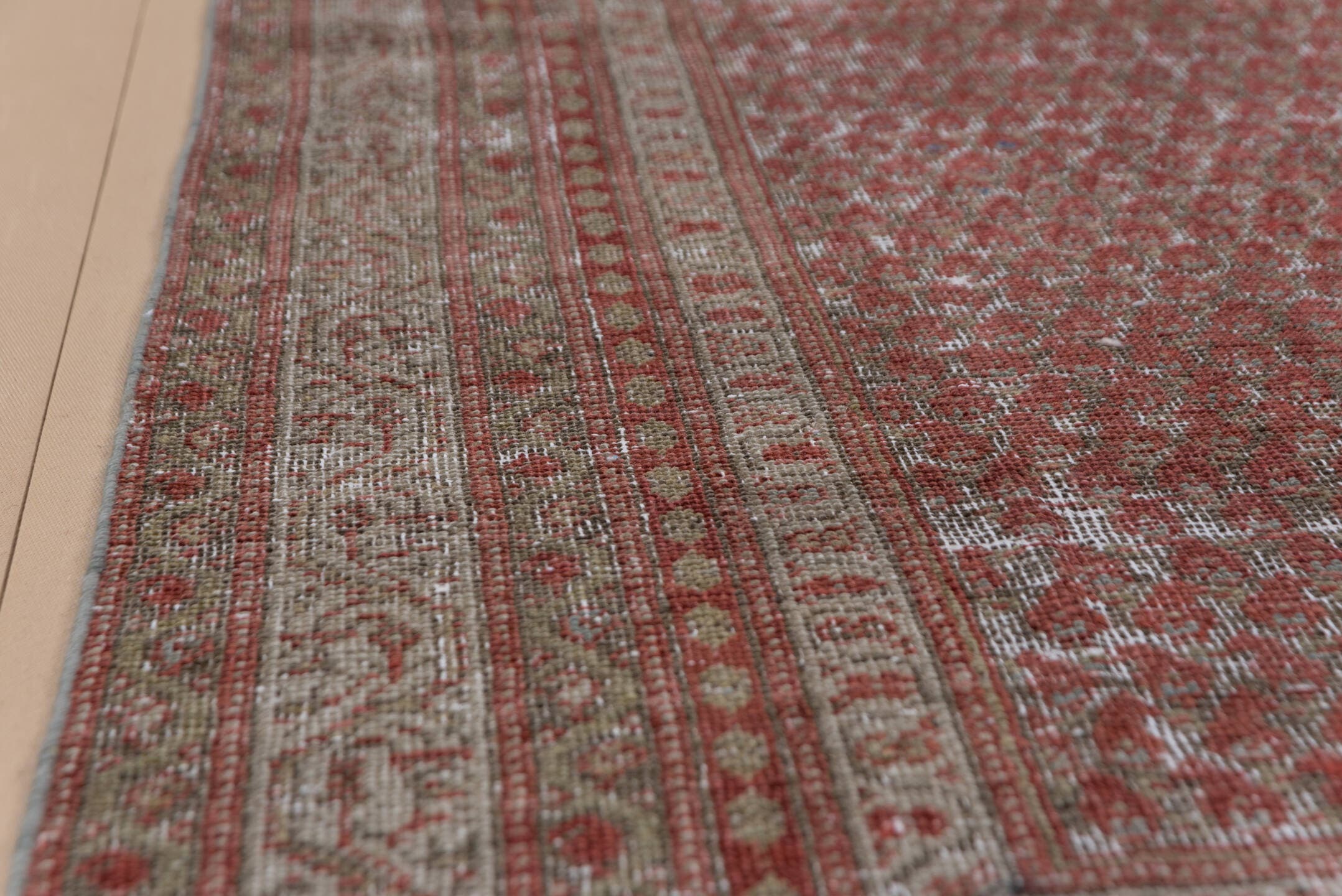 4' x 9' one-of-a-kind handmade vintage Malayer runner rug. Color palette: rust, ivory, taupe, sage, terra cotta, terracotta