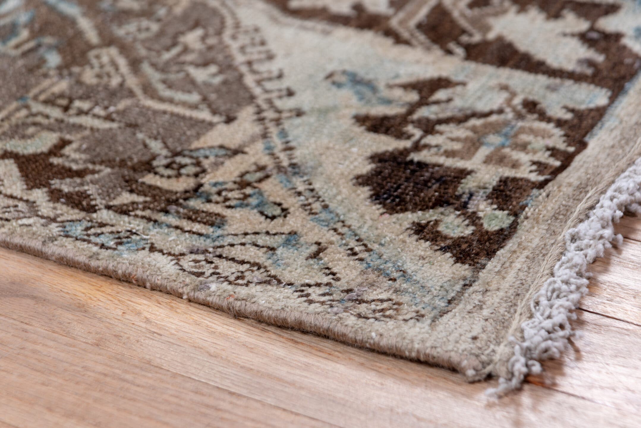 4' x 7' one-of-a-kind handmade vintage Tabriz rug. Color palette: taupe, brown, ivory, charcoal, pale_blue, slate, camel
