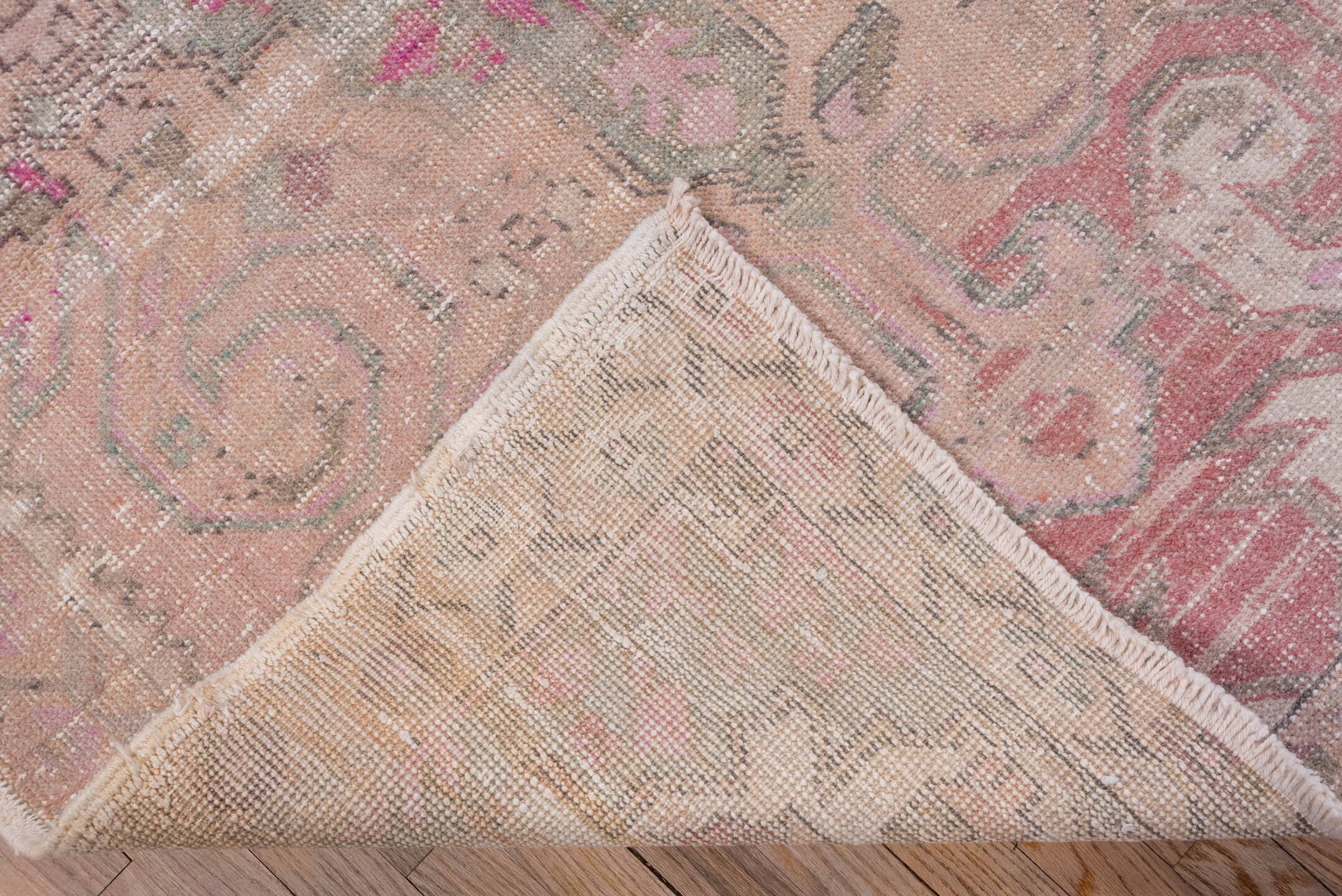 4' x 6' one-of-a-kind handmade vintage Oushak small size rug. Color palette: blush, ivory, pink, taupe, sage, apricot, rose