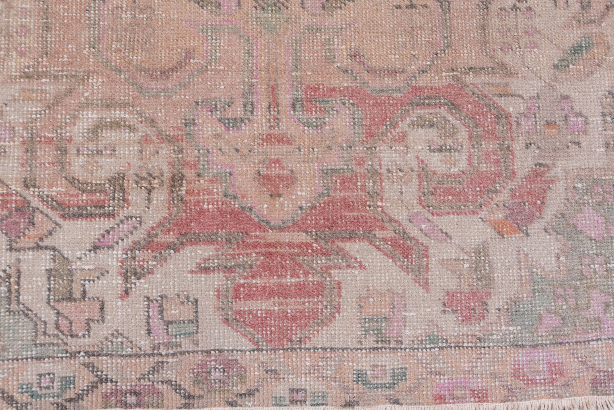 4' x 6' one-of-a-kind handmade vintage Oushak small size rug. Color palette: blush, ivory, pink, taupe, sage, apricot, rose