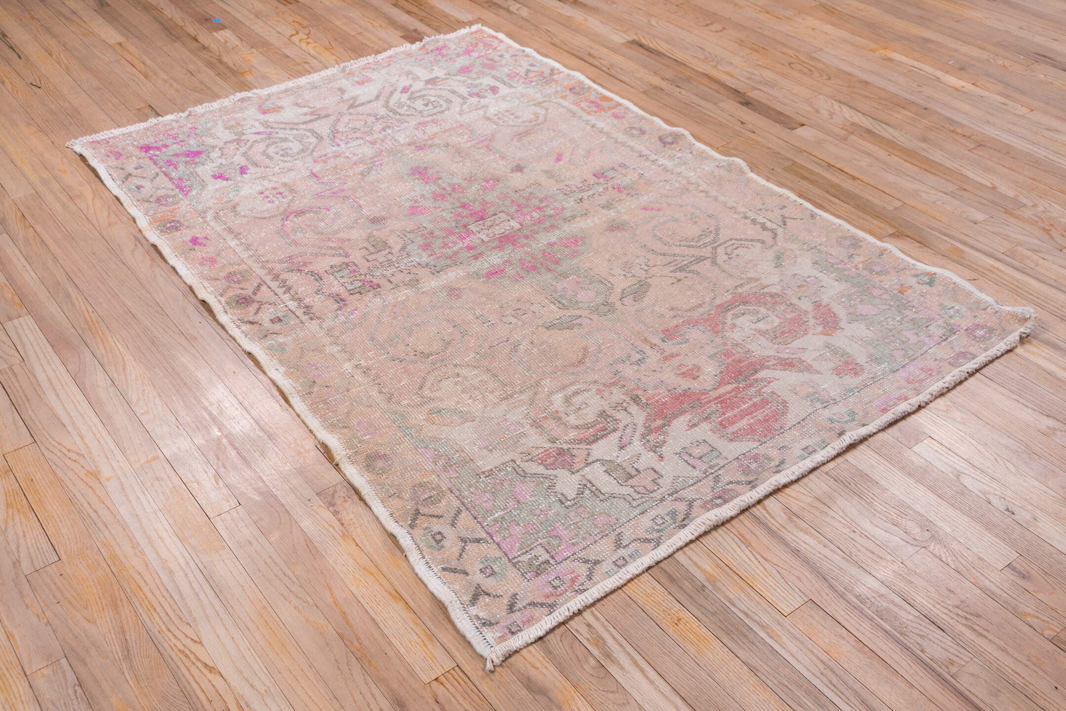4' x 6' one-of-a-kind handmade vintage Oushak small size rug. Color palette: blush, ivory, pink, taupe, sage, apricot, rose