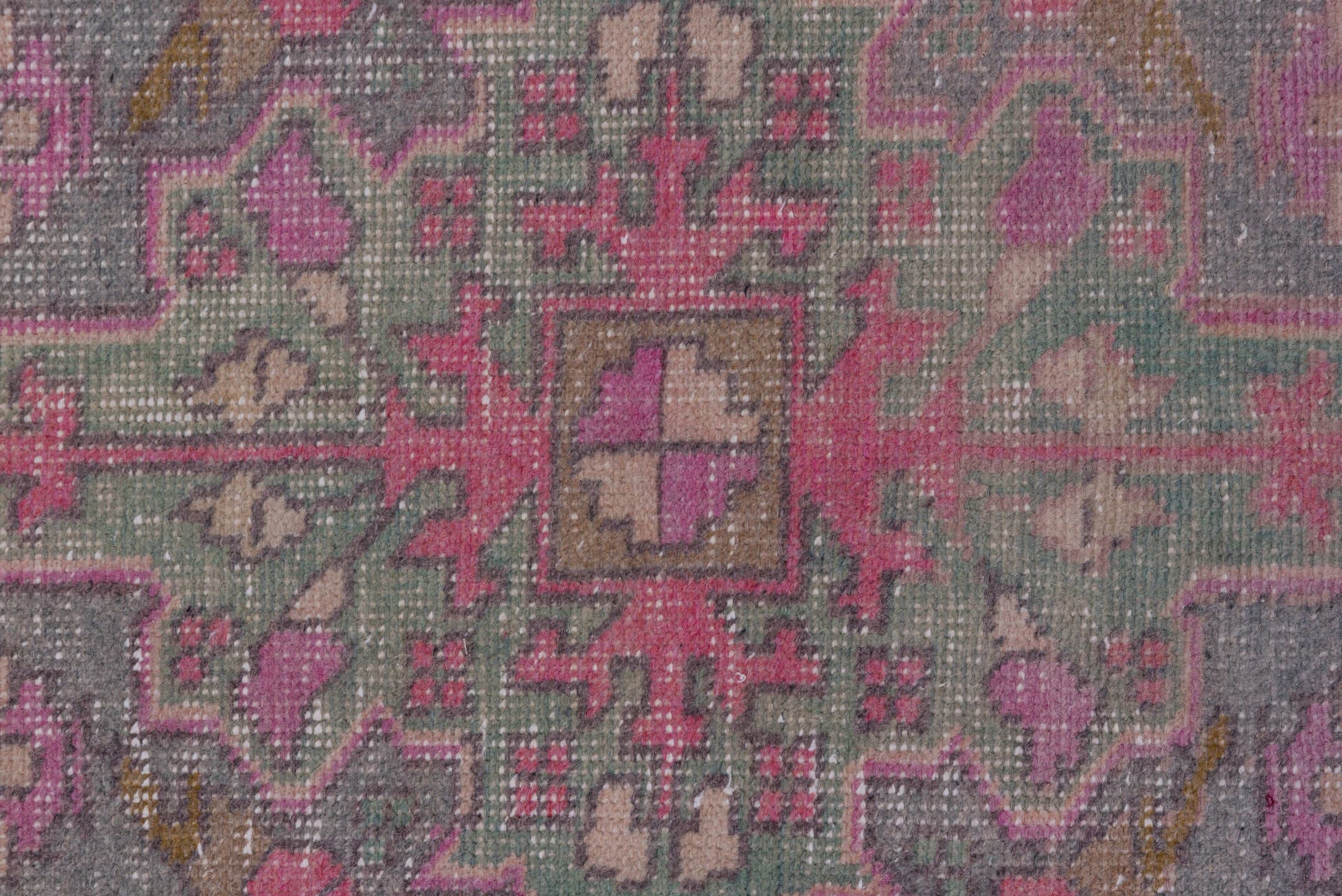 4' x 7' one-of-a-kind handmade vintage Oushak rug. Color palette: blush, ivory, dusty rose, pale blue, taupe, pink, sage