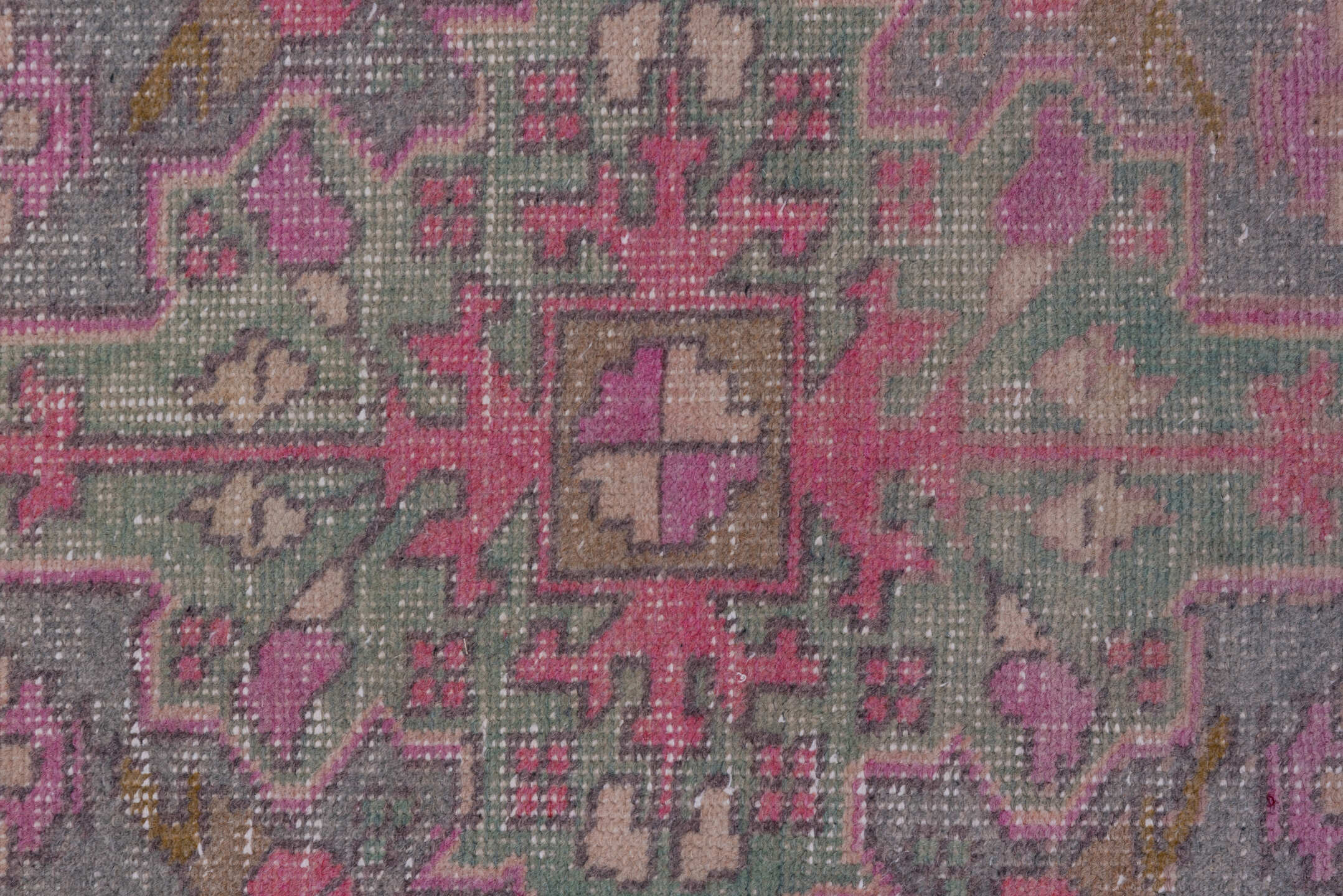 4' x 7' one-of-a-kind handmade vintage Oushak rug. Color palette: blush, ivory, dusty rose, pale blue, taupe, pink, sage