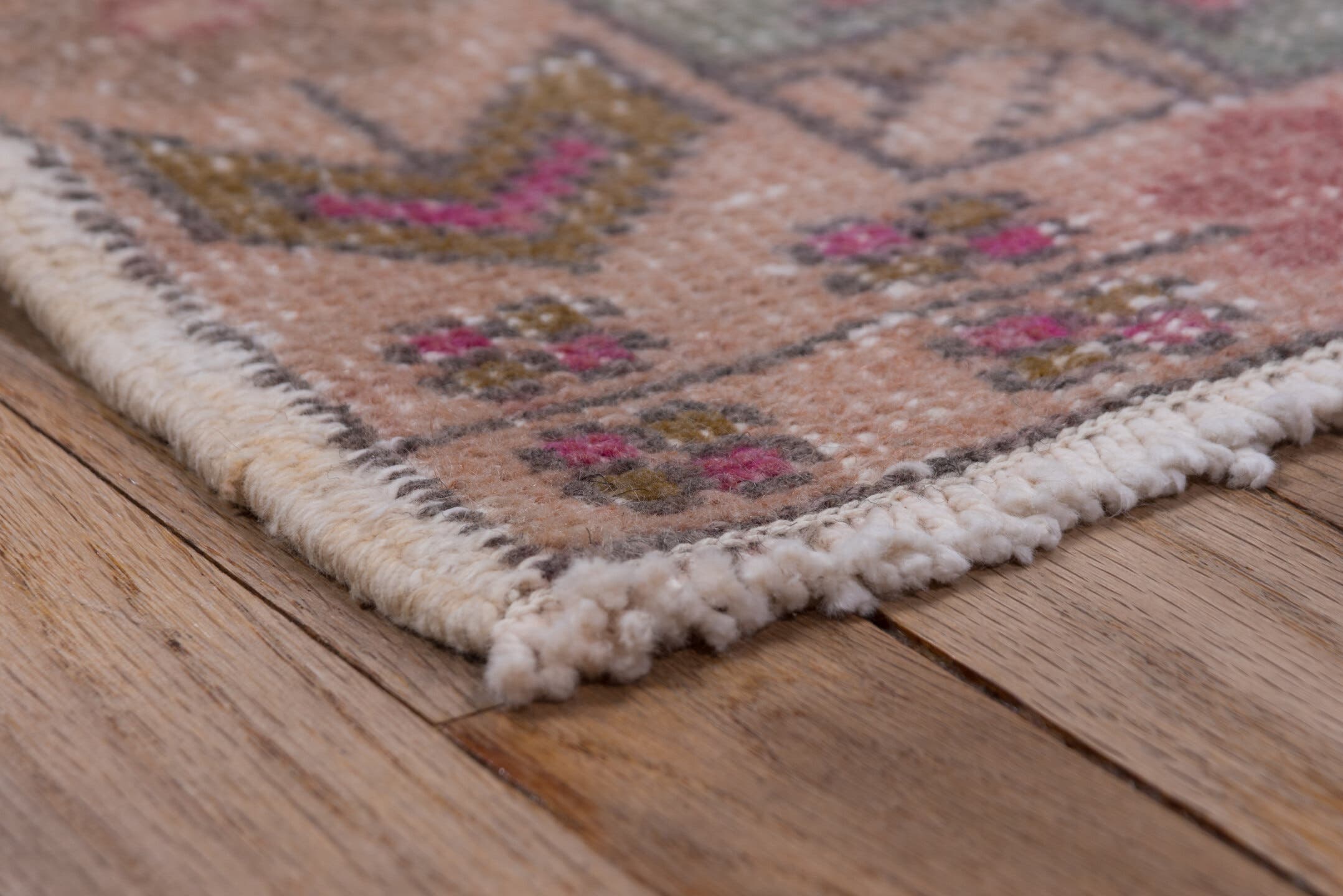 4' x 7' one-of-a-kind handmade vintage Oushak rug. Color palette: blush, ivory, dusty rose, pale blue, taupe, pink, sage